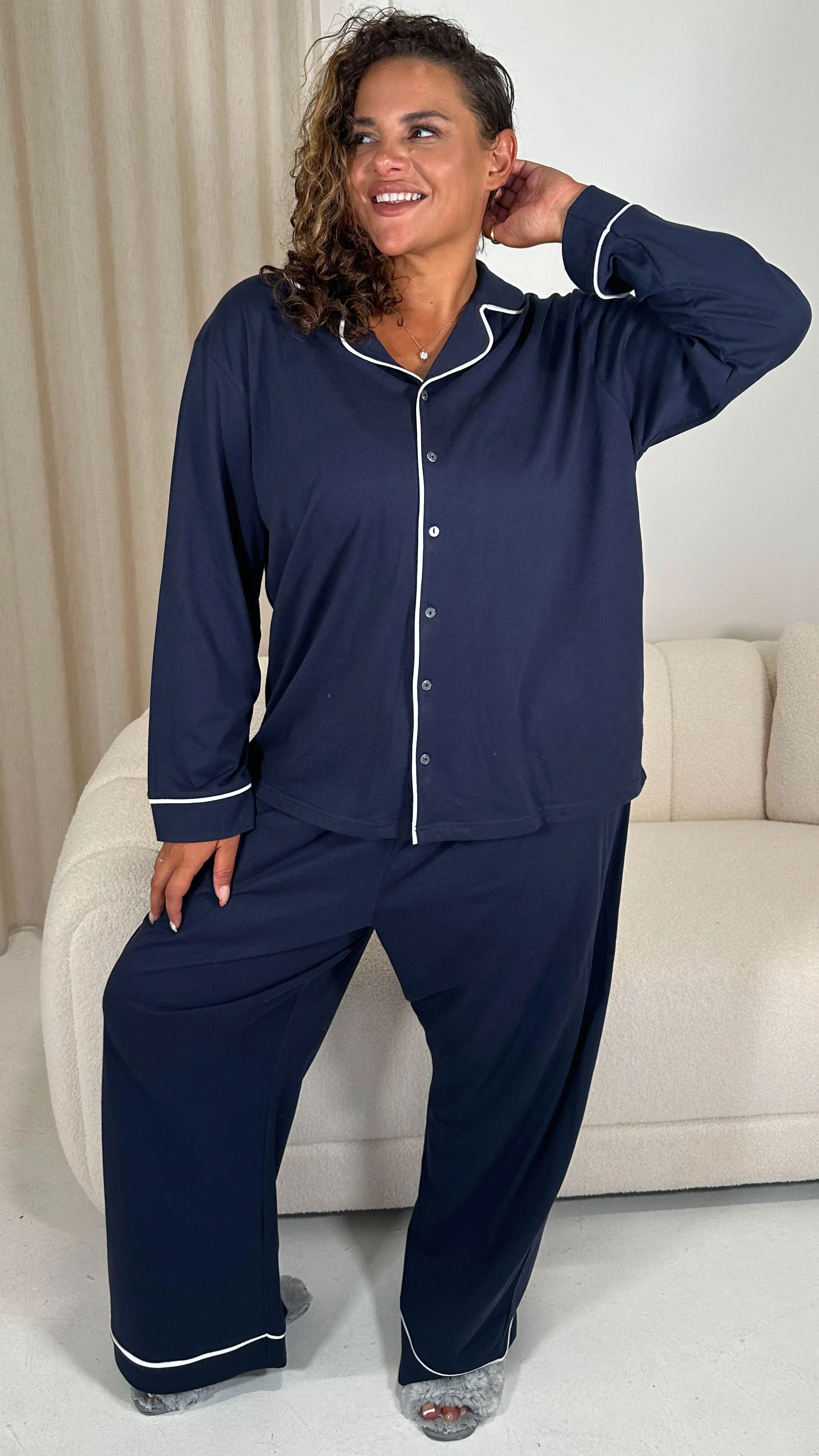 CurveWow Long Sleeve Pyjama Set Navy - Image 3