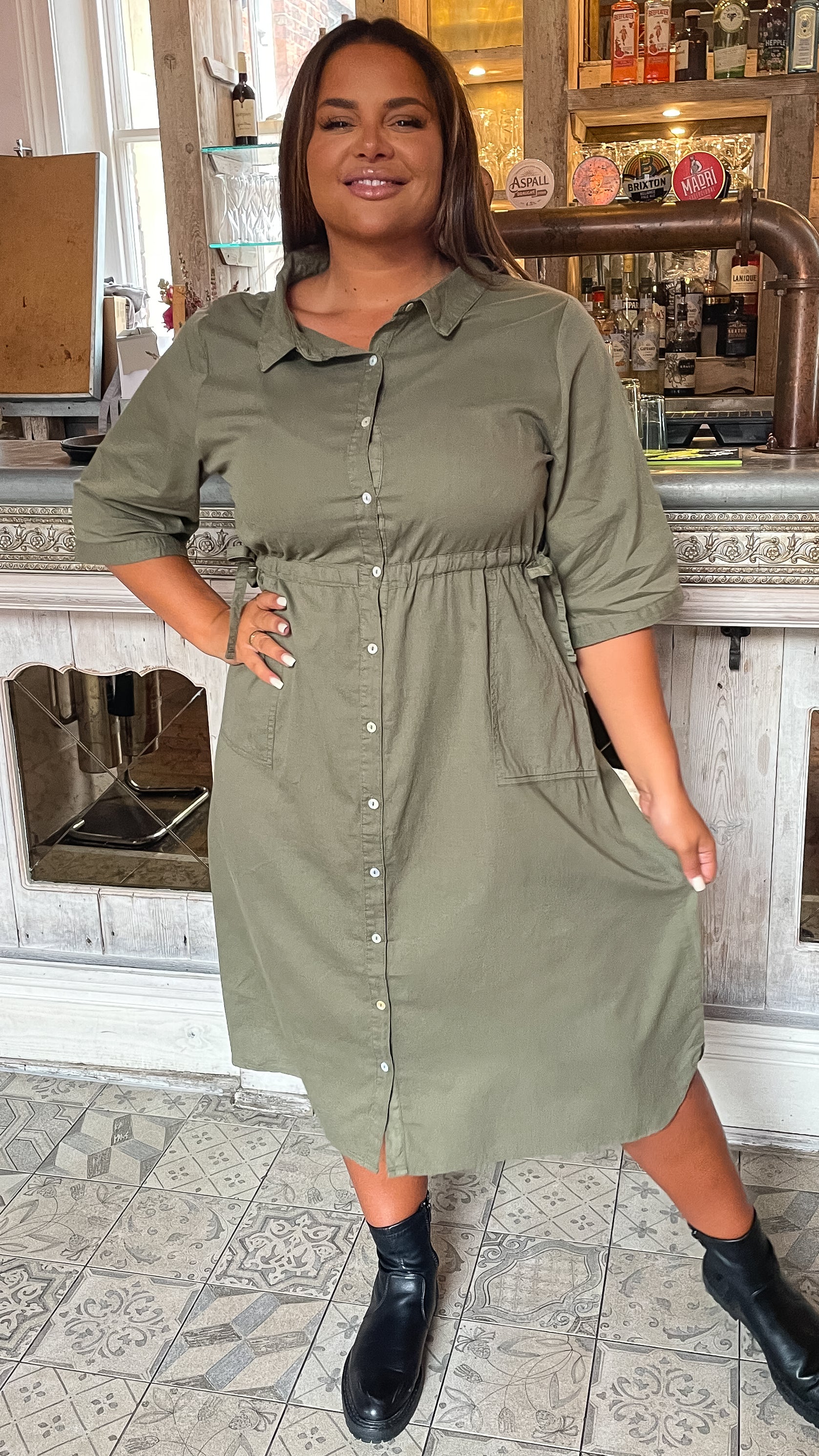 CurveWow Long Sleeve Tie Waisted Dress Khaki