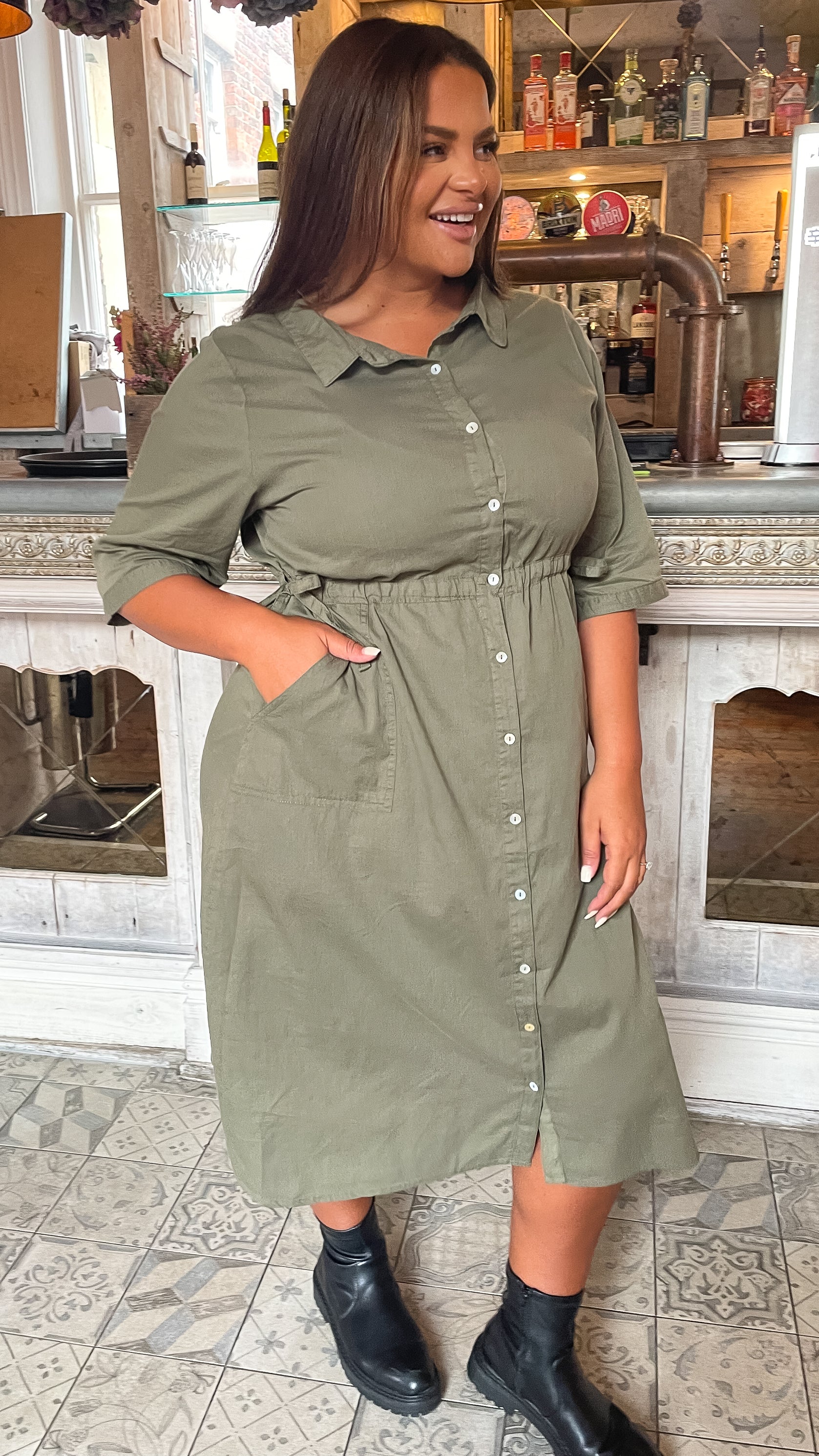 CurveWow Long Sleeve Tie Waisted Dress Khaki - Image 3