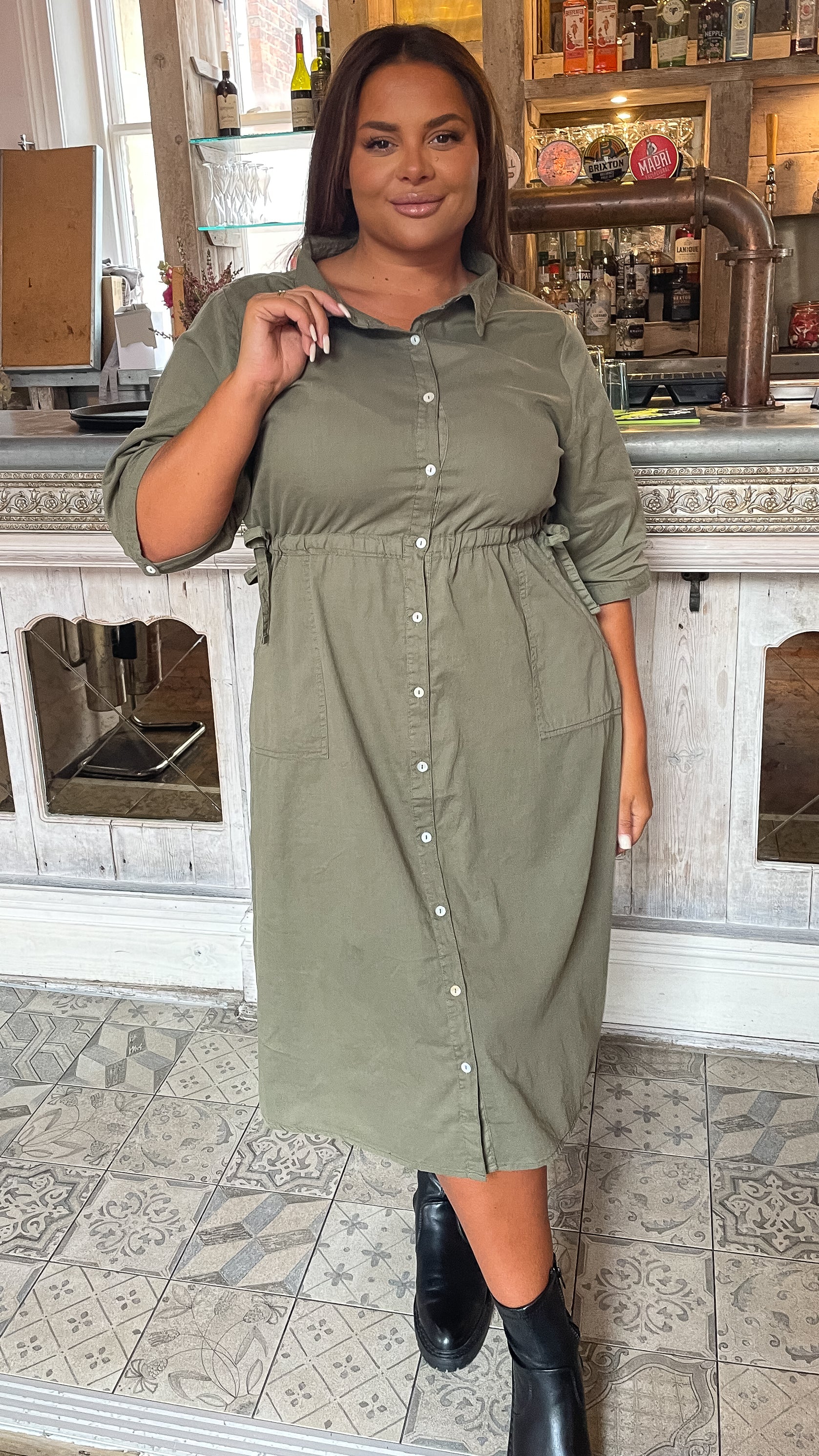 CurveWow Long Sleeve Tie Waisted Dress Khaki - Image 4