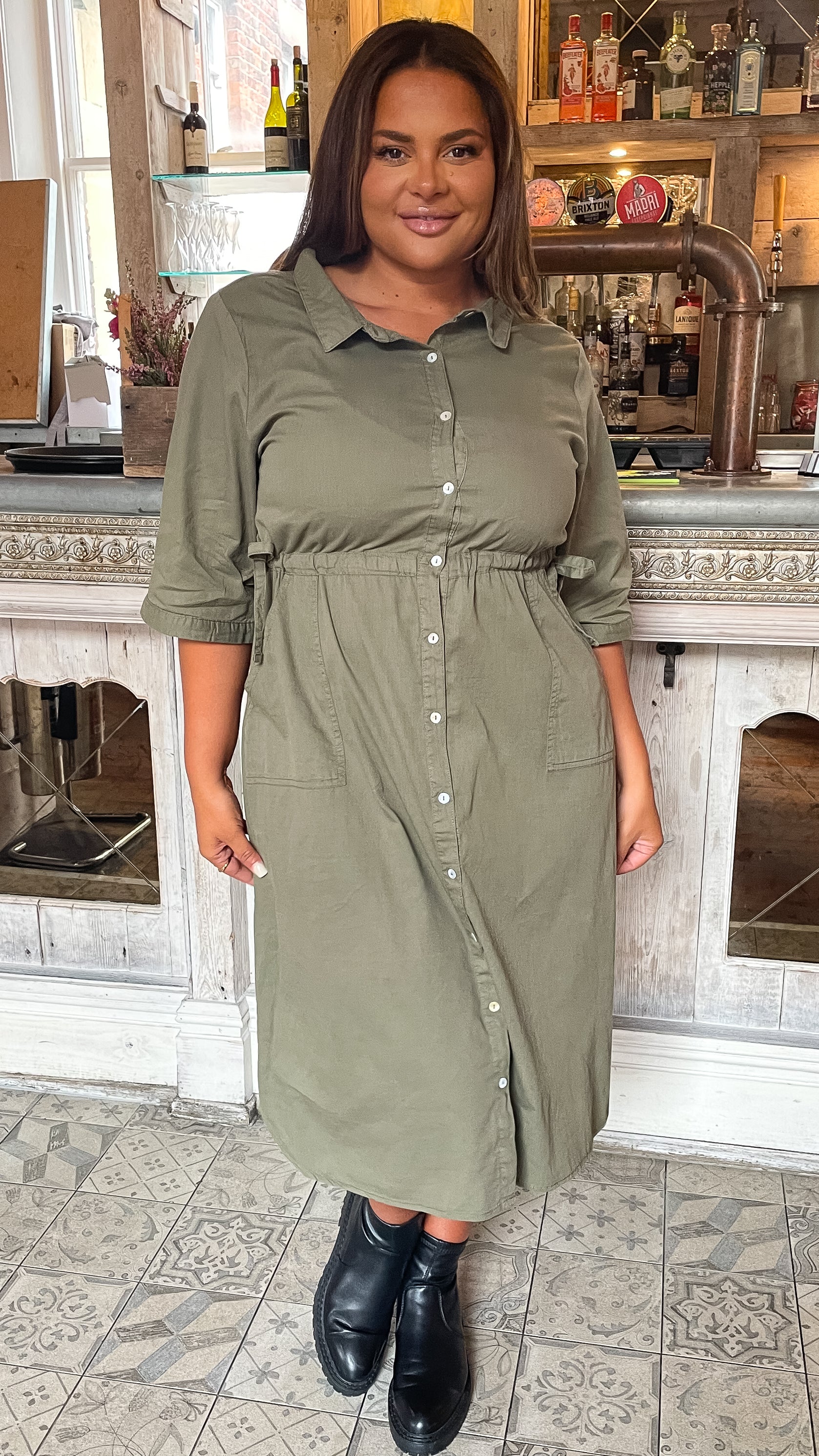 CurveWow Long Sleeve Tie Waisted Dress Khaki - Image 6