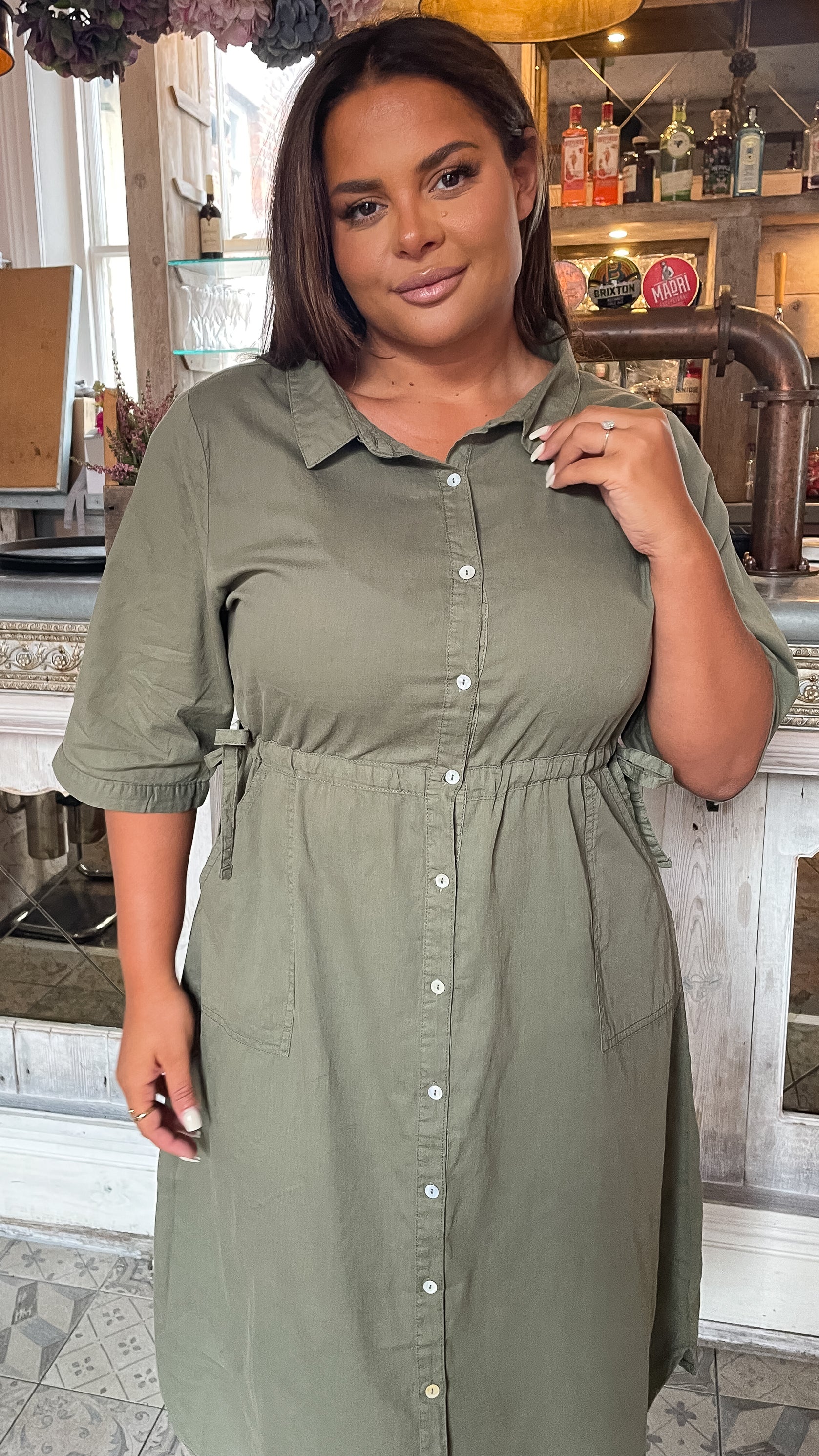 CurveWow Long Sleeve Tie Waisted Dress Khaki - Image 7