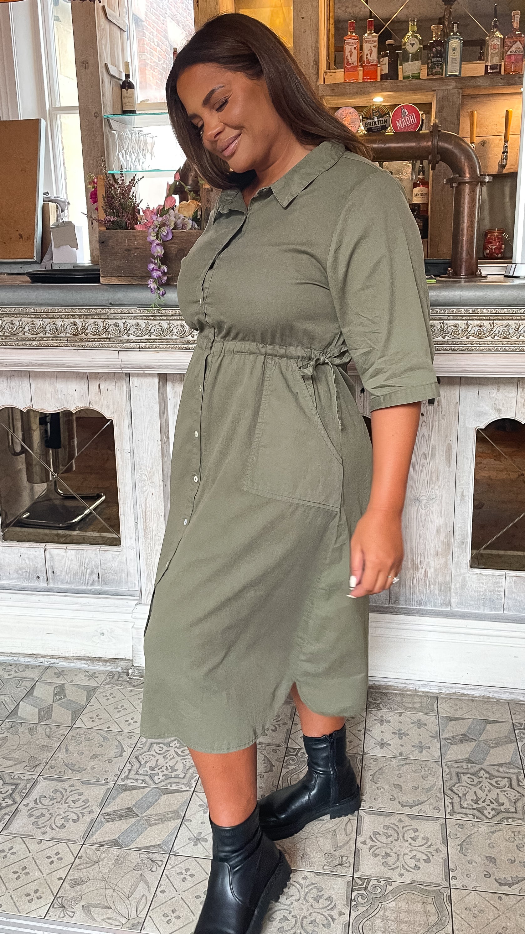 CurveWow Long Sleeve Tie Waisted Dress Khaki - Image 8