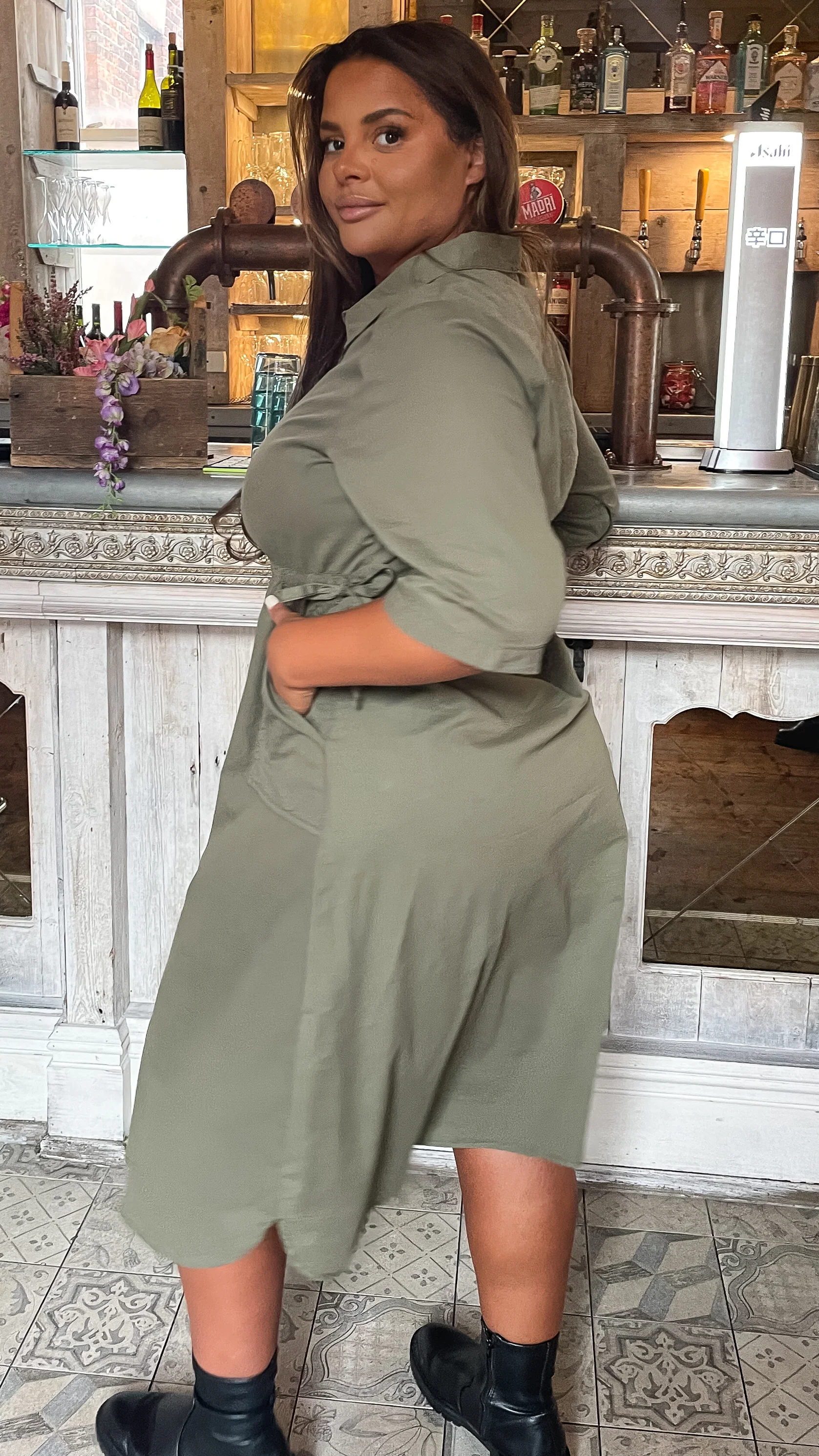 CurveWow Long Sleeve Tie Waisted Dress Khaki - Image 9