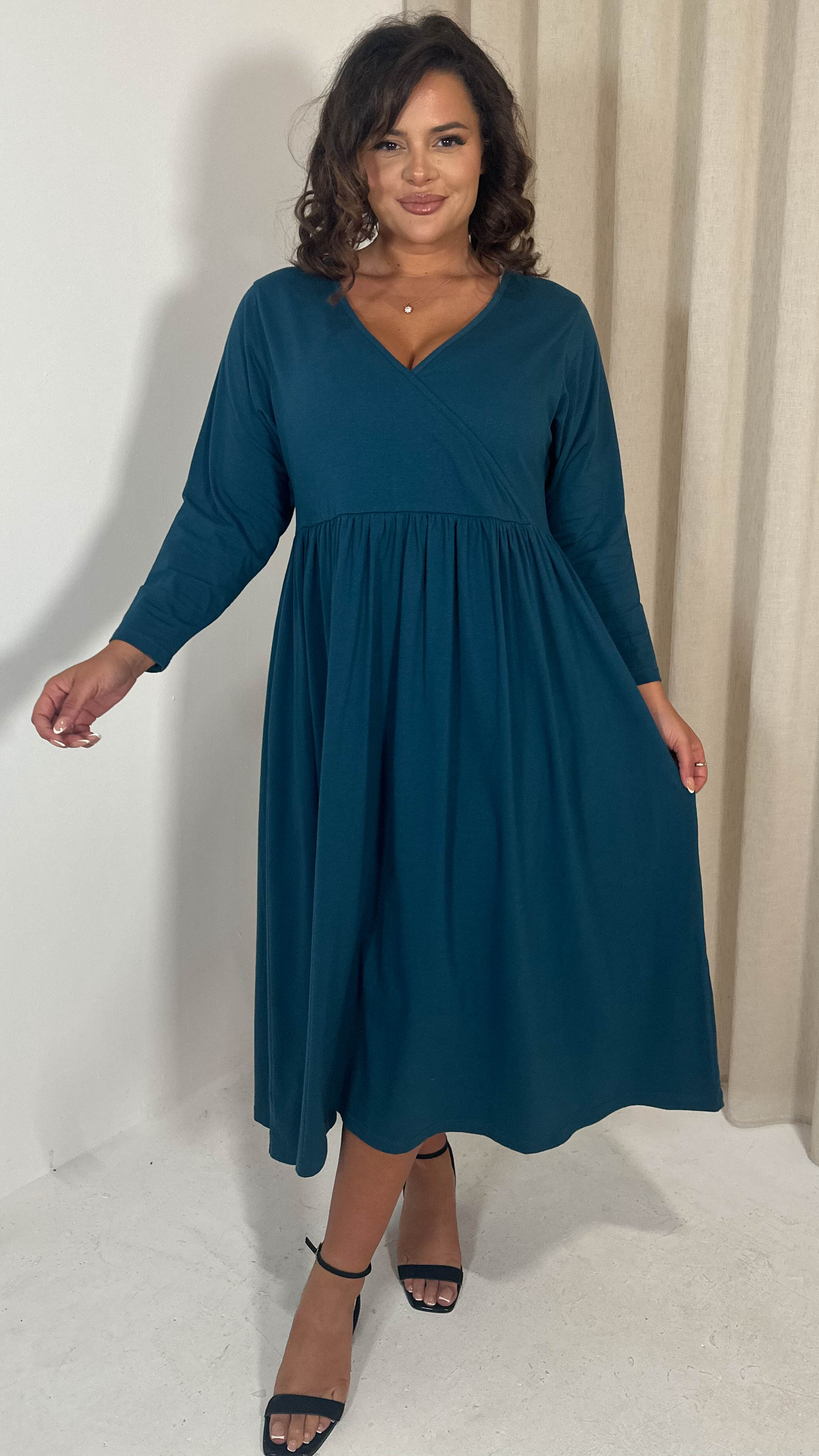 CurveWow Long Sleeve Wrap Midi Dress Teal - Image 3