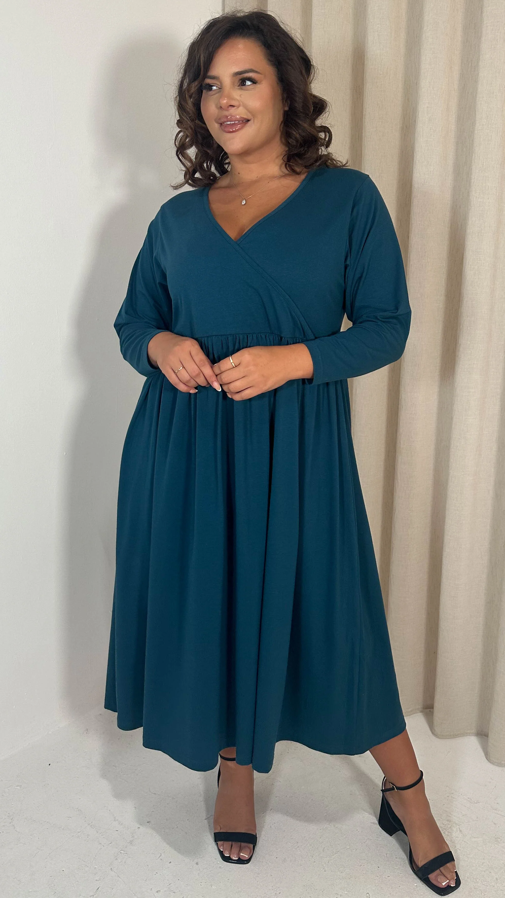 CurveWow Long Sleeve Wrap Midi Dress Teal - Image 6