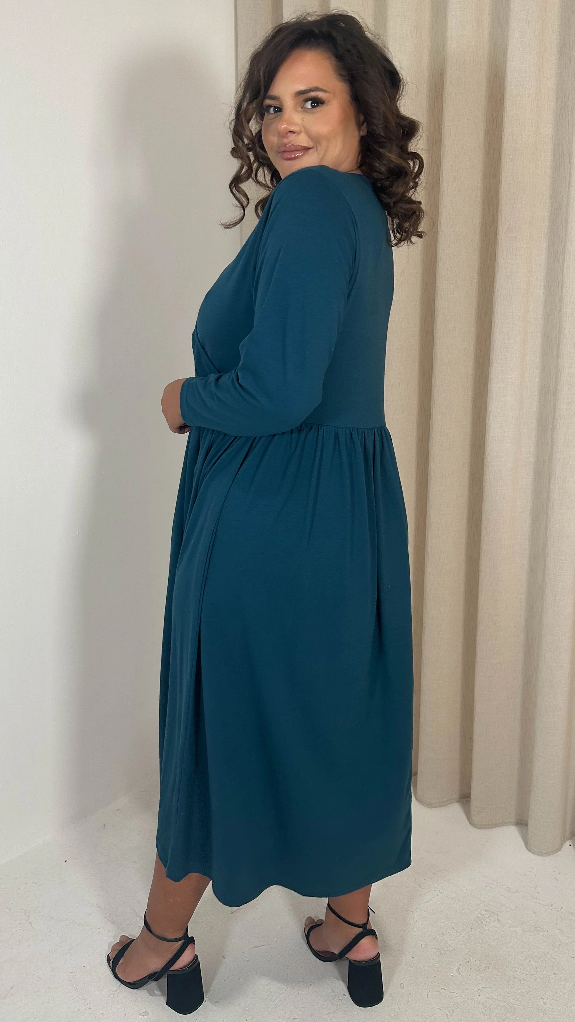 CurveWow Long Sleeve Wrap Midi Dress Teal - Image 7