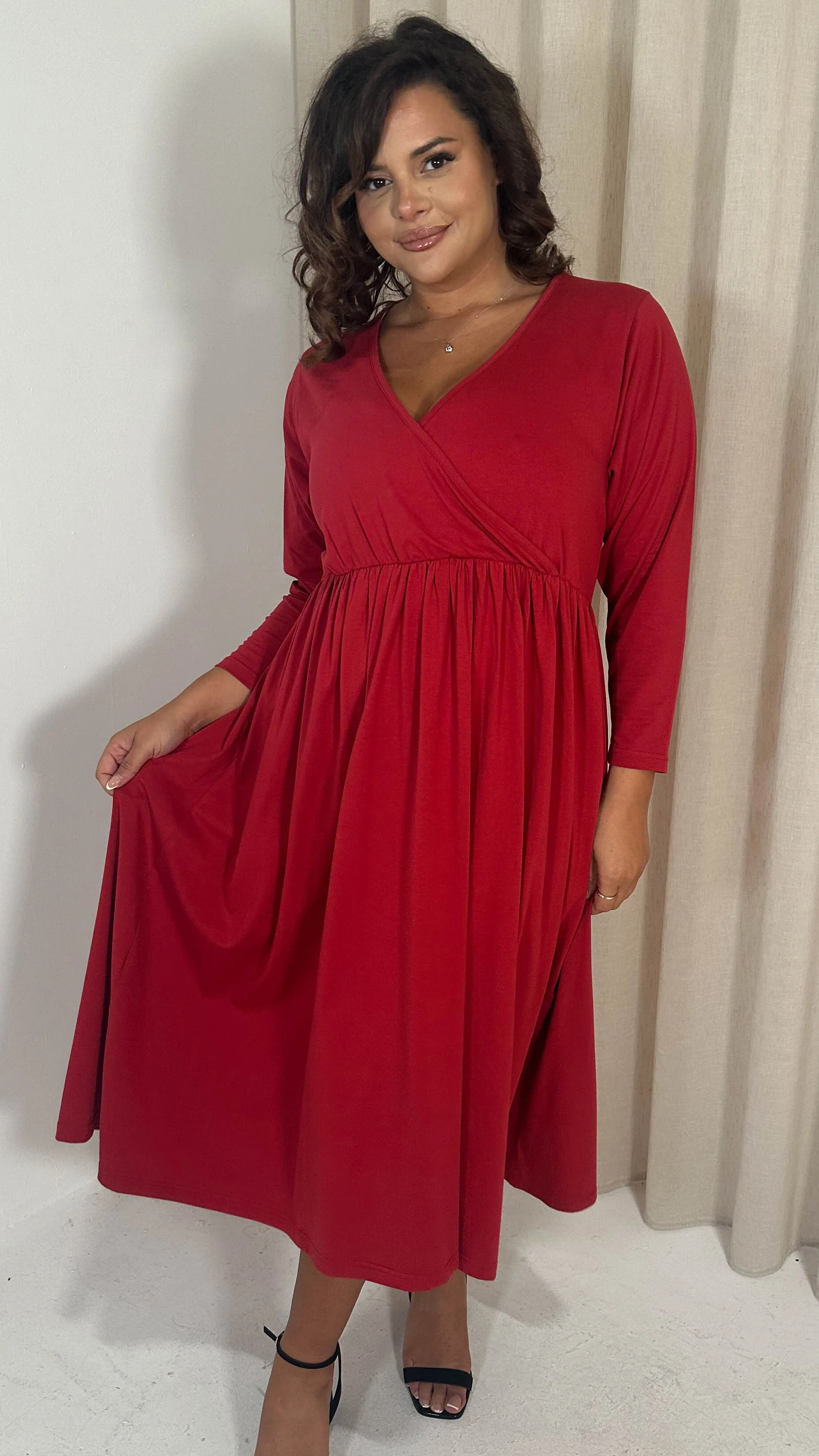 CurveWow Long Sleeve Wrap Midi Dress Red - Image 4