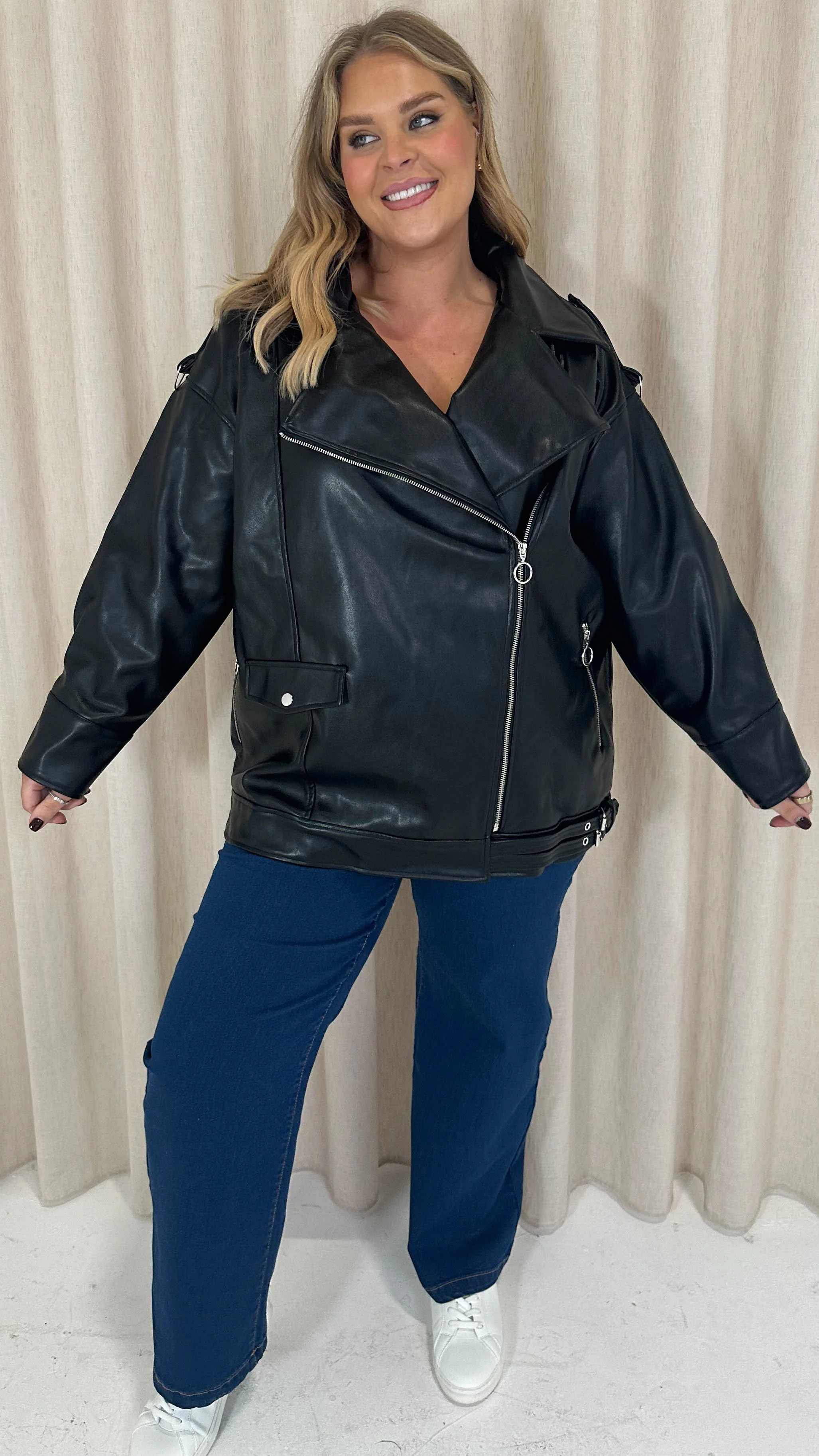 CurveWow Longline Biker Jacket Black - Image 3