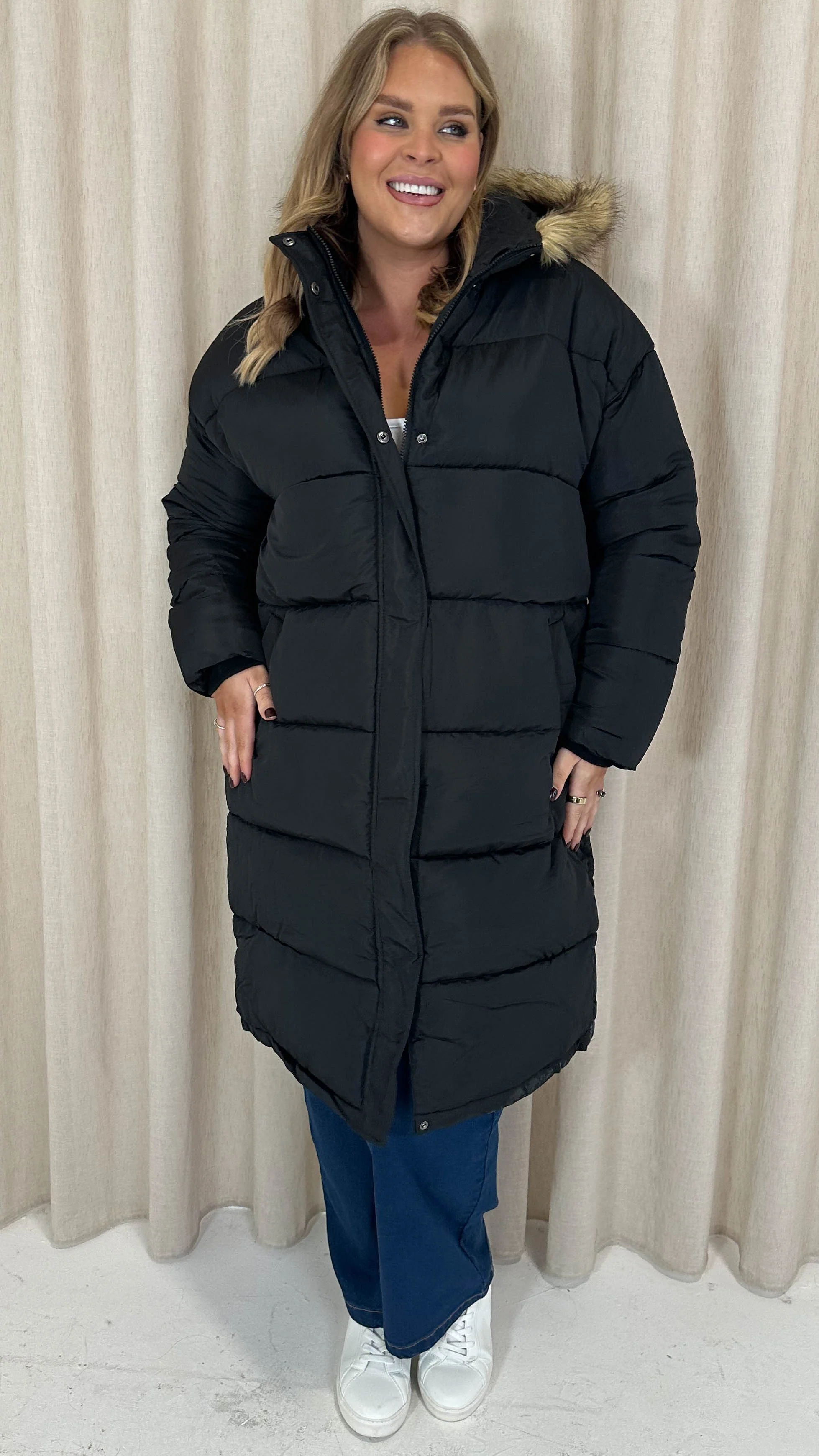 CurveWow Longline Faux Fur Hood Parka Coat Black - Image 4