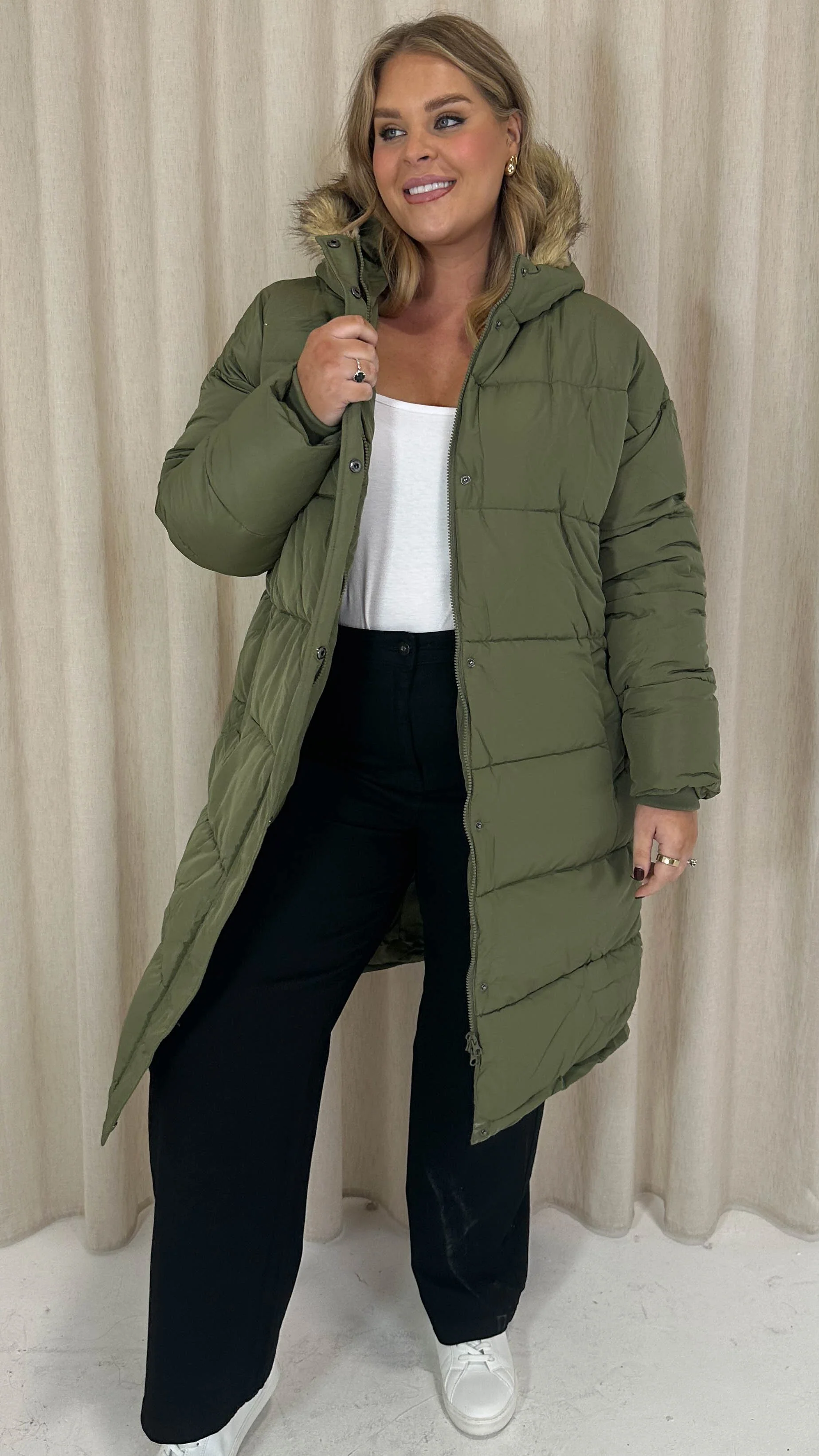 CurveWow Longline Faux Fur Hood Parka Coat Khaki - Image 4