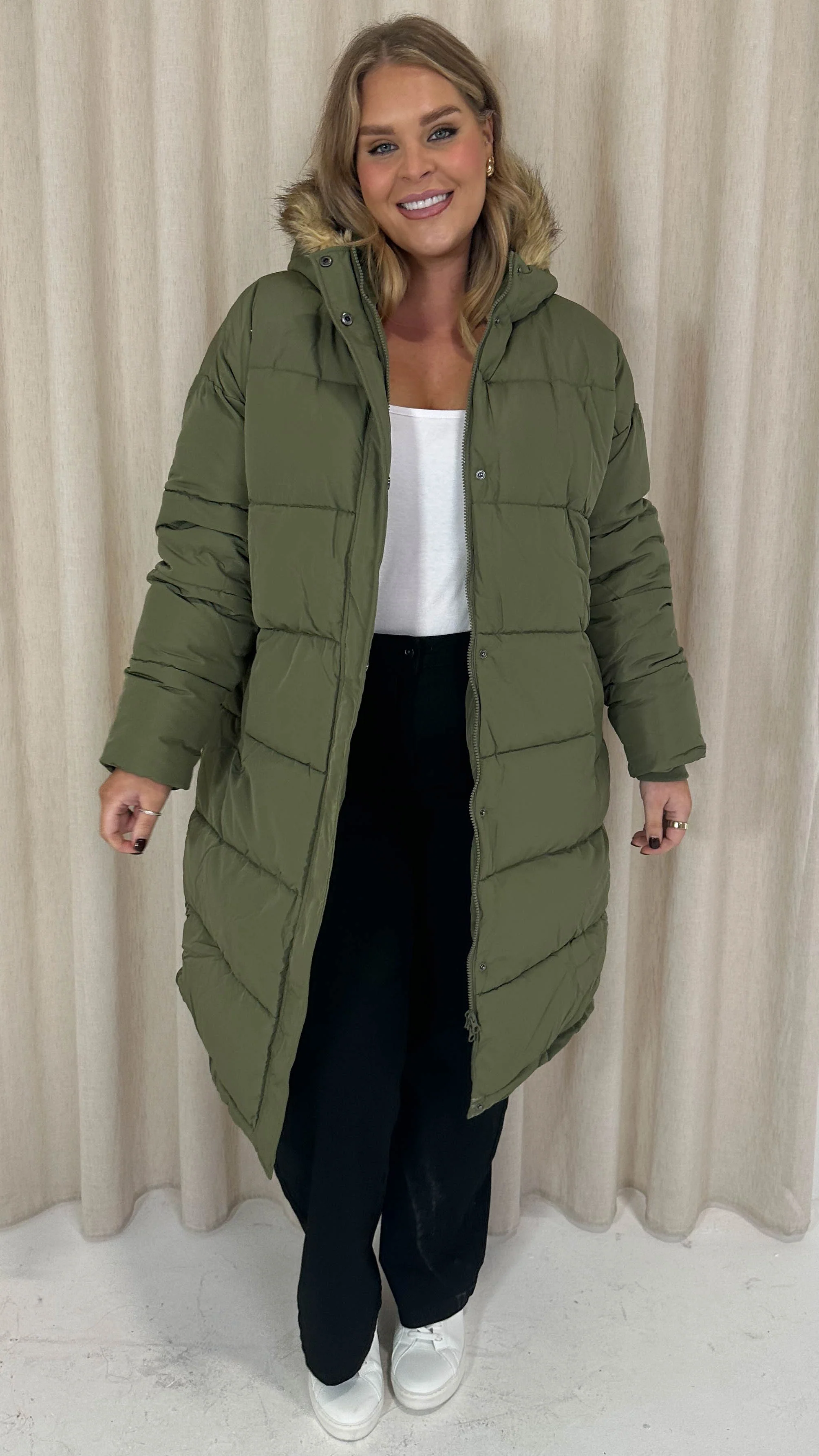 CurveWow Longline Faux Fur Hood Parka Coat Khaki - Image 5