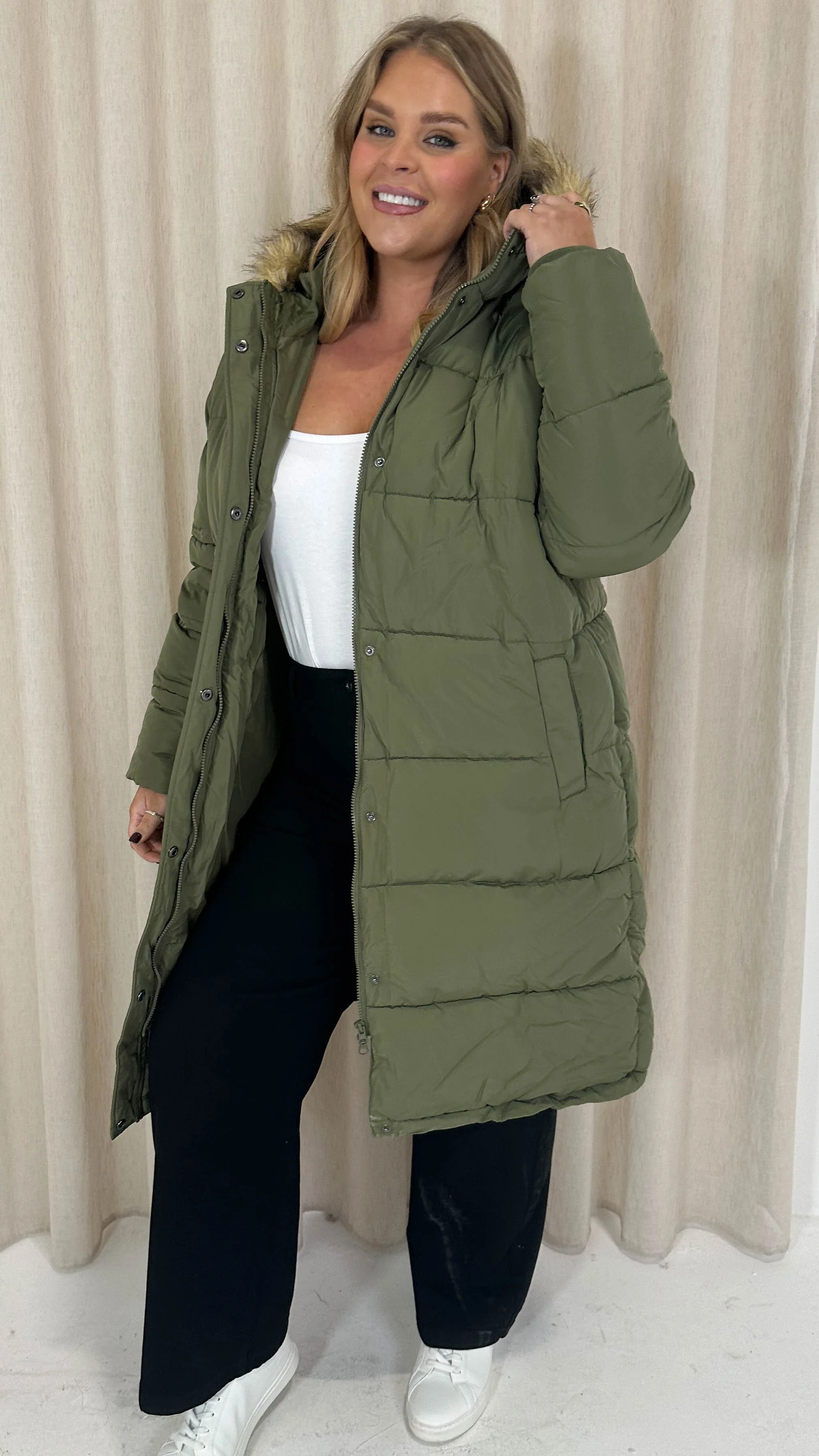 CurveWow Longline Faux Fur Hood Parka Coat Khaki - Image 6