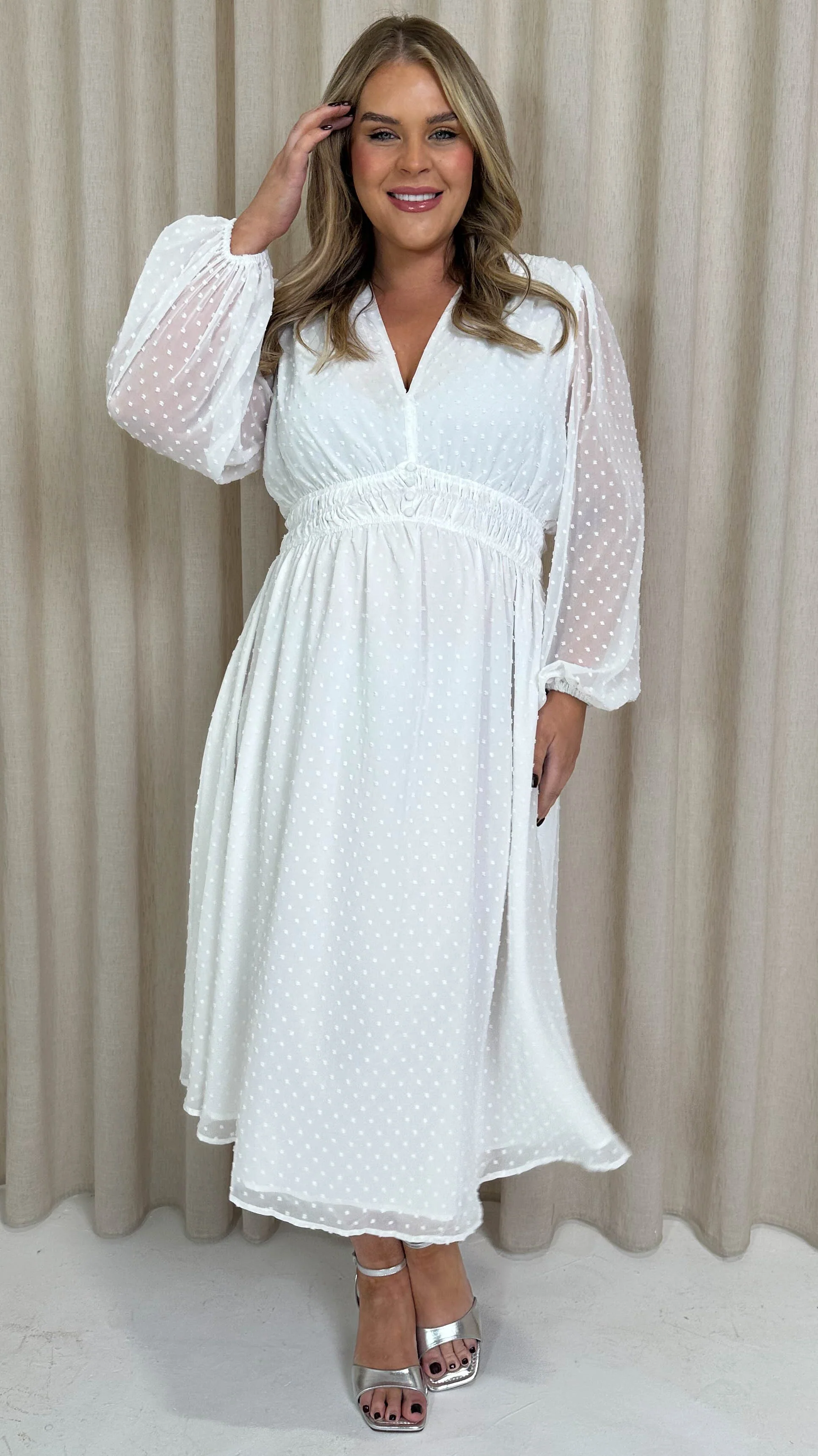 CurveWow Dobby Shirred Bodice Midi Dress White - Image 7