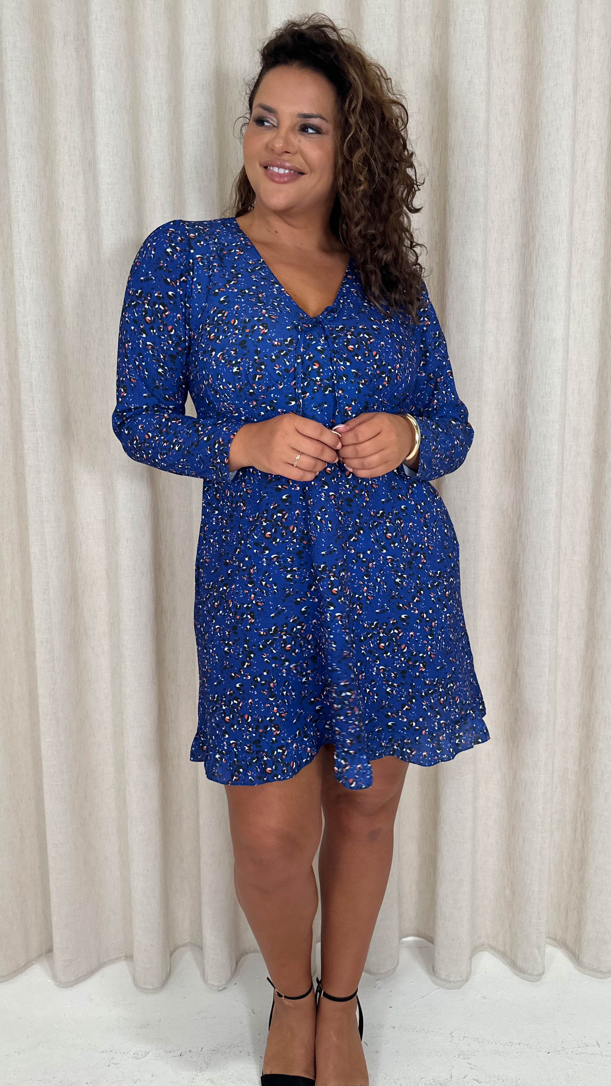 CurveWow Tie Front Mini Dress Blue Animal - Image 6