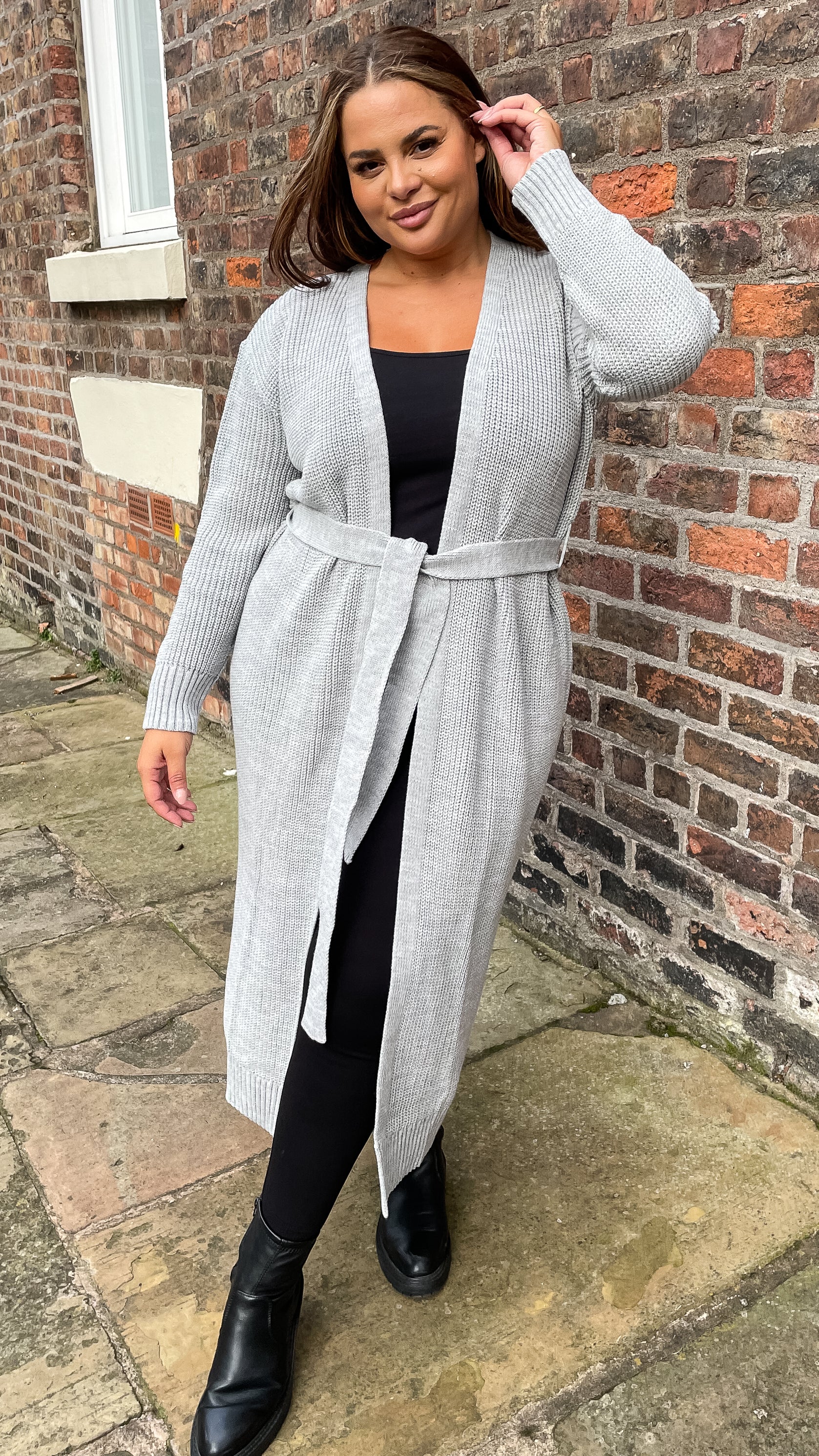 CurveWow Maxi Knitted Belted Cardigan Grey