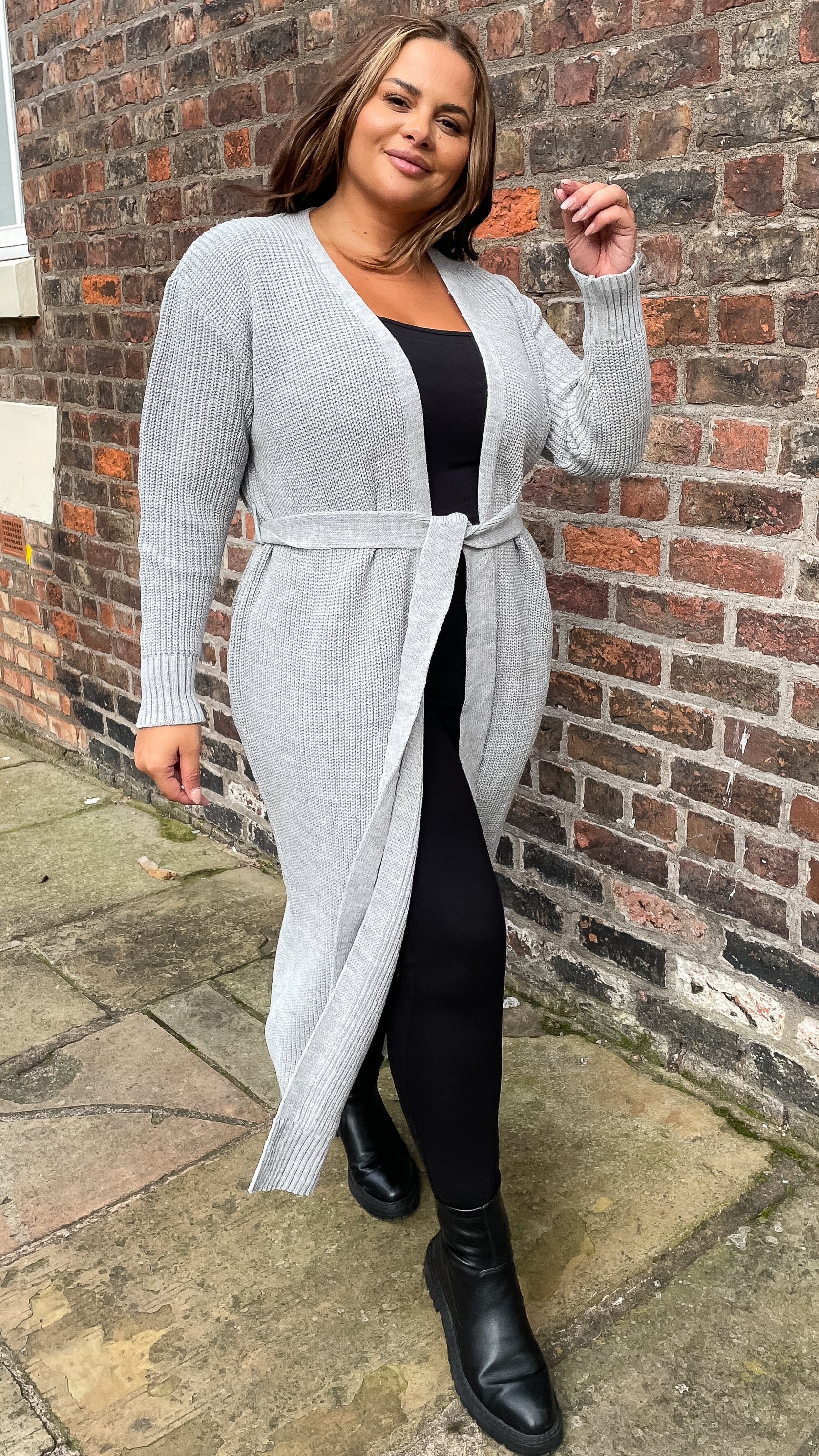 CurveWow Maxi Knitted Belted Cardigan Grey - Image 3