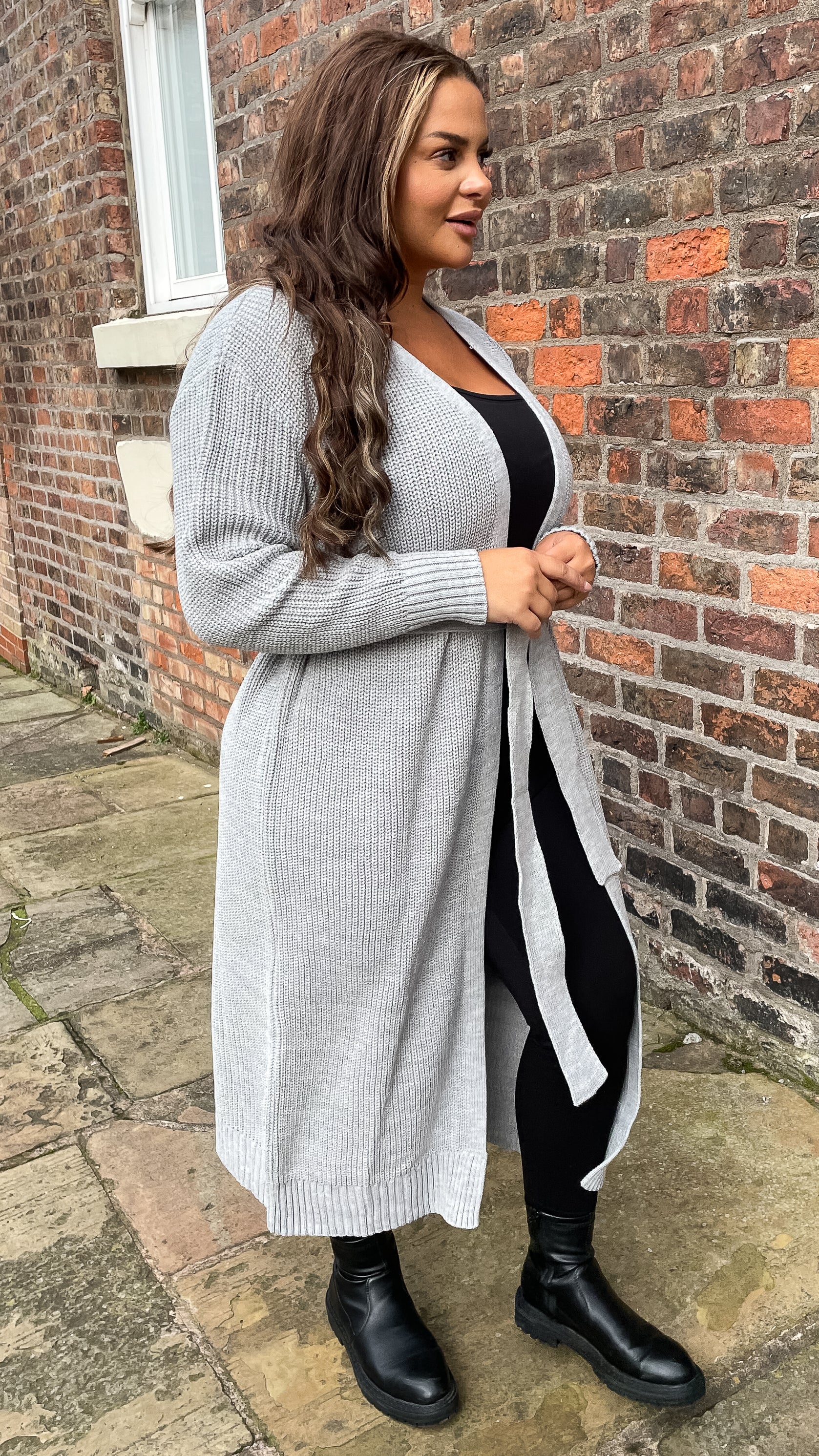 CurveWow Maxi Knitted Belted Cardigan Grey - Image 4