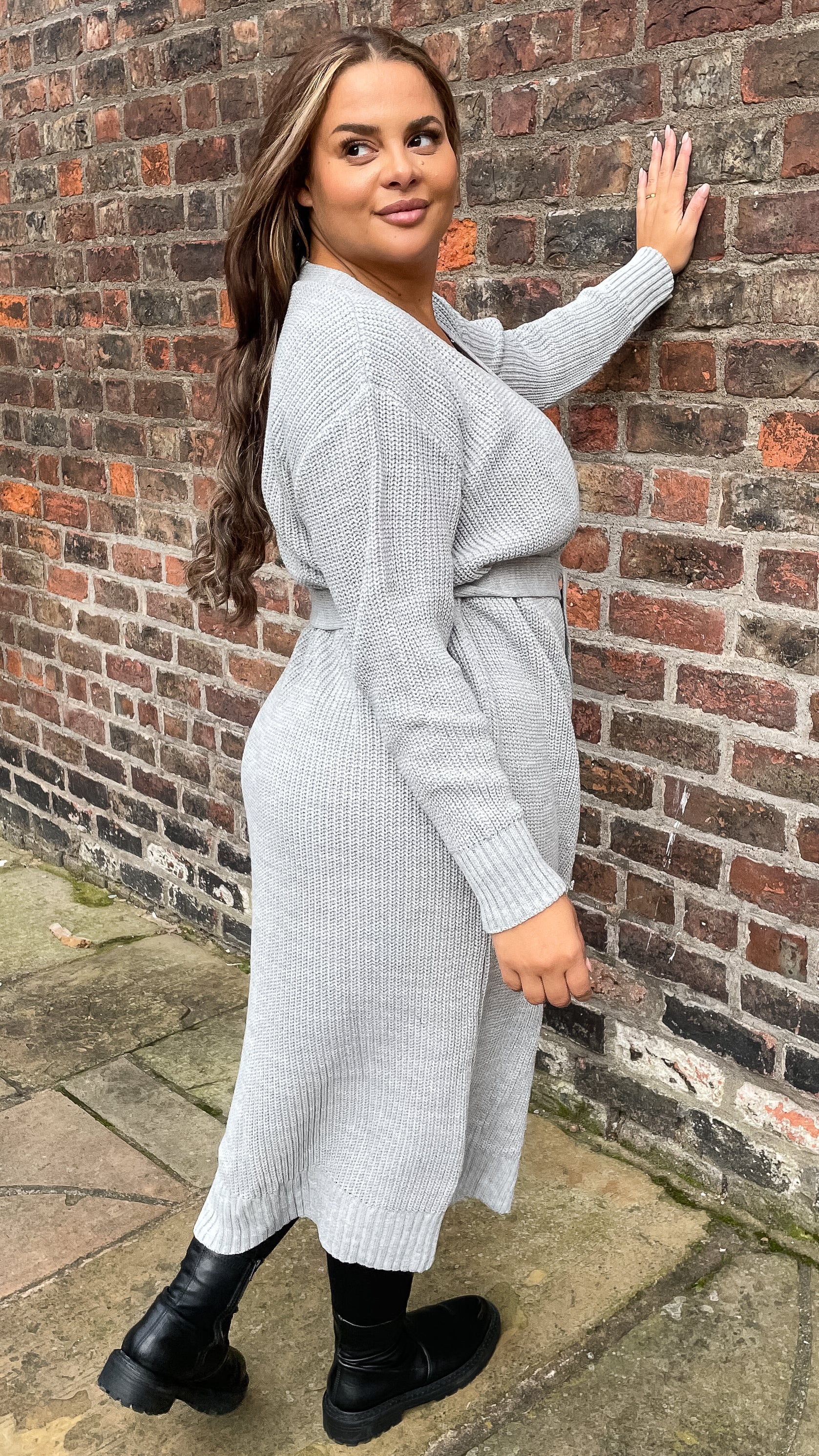 CurveWow Maxi Knitted Belted Cardigan Grey - Image 5