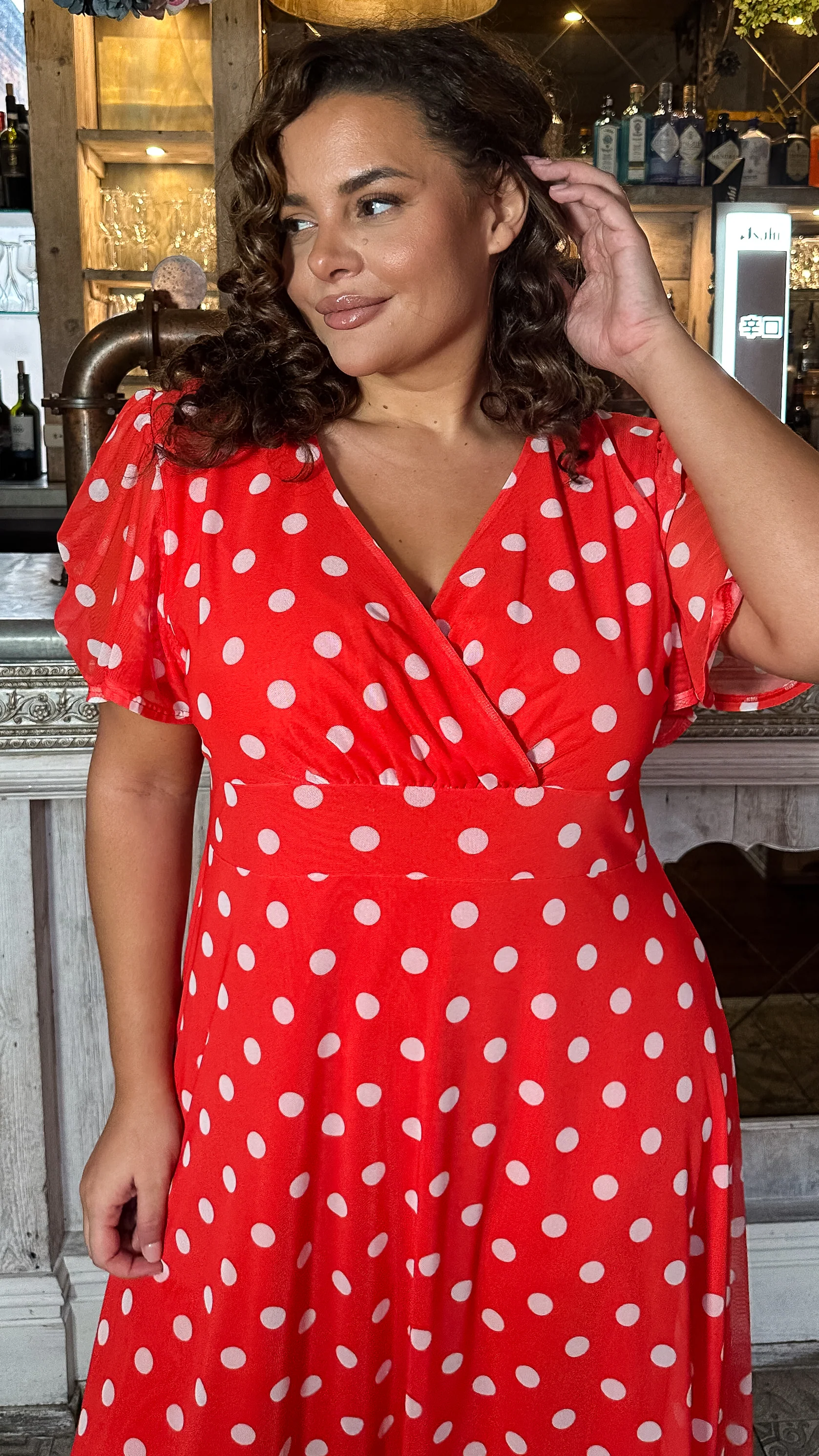CurveWow Mesh Angel Sleeve Dress Bright Red Spot - Image 8