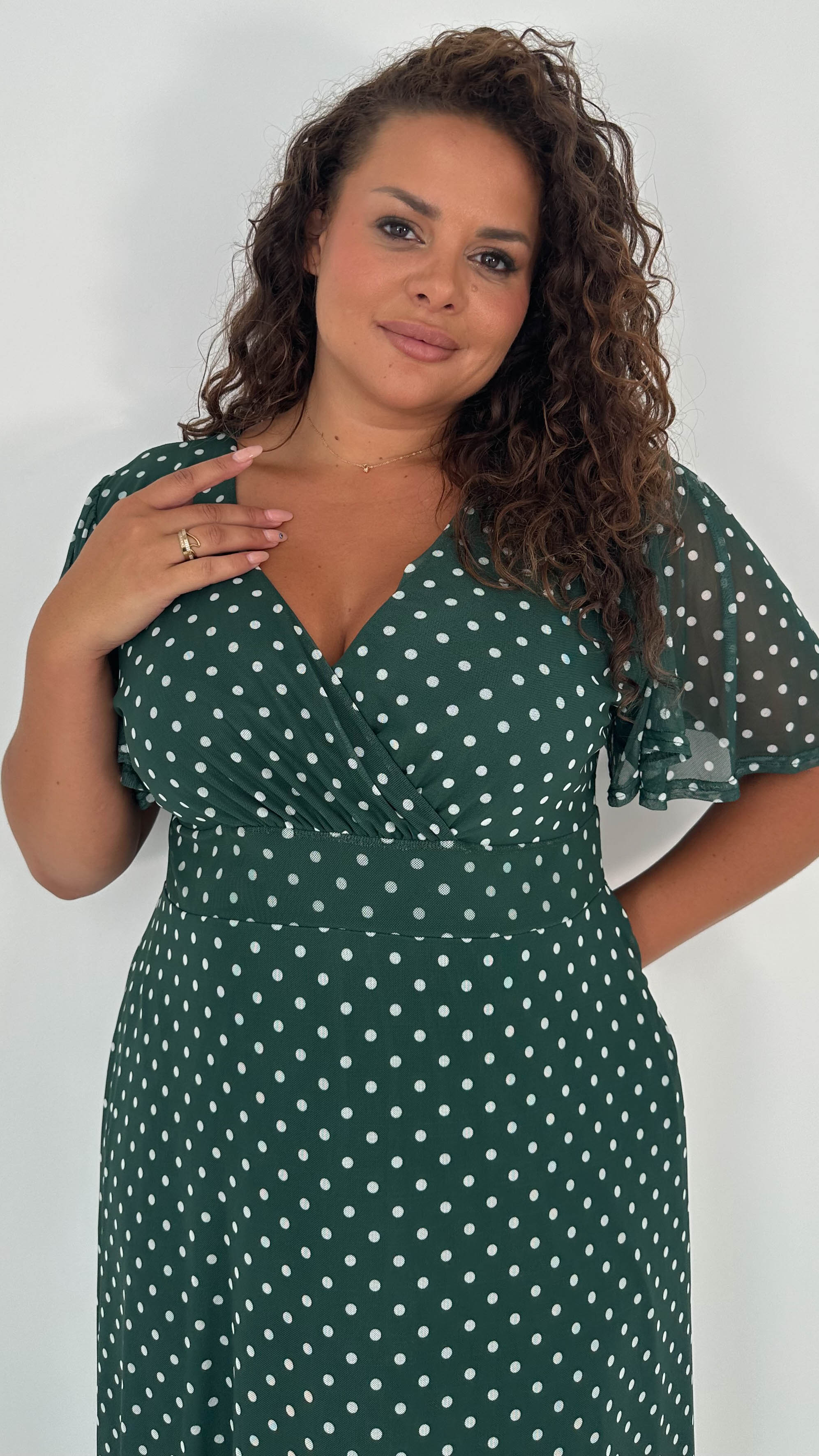 CurveWow Mesh Angel Sleeve Dress Green Spot - Image 3