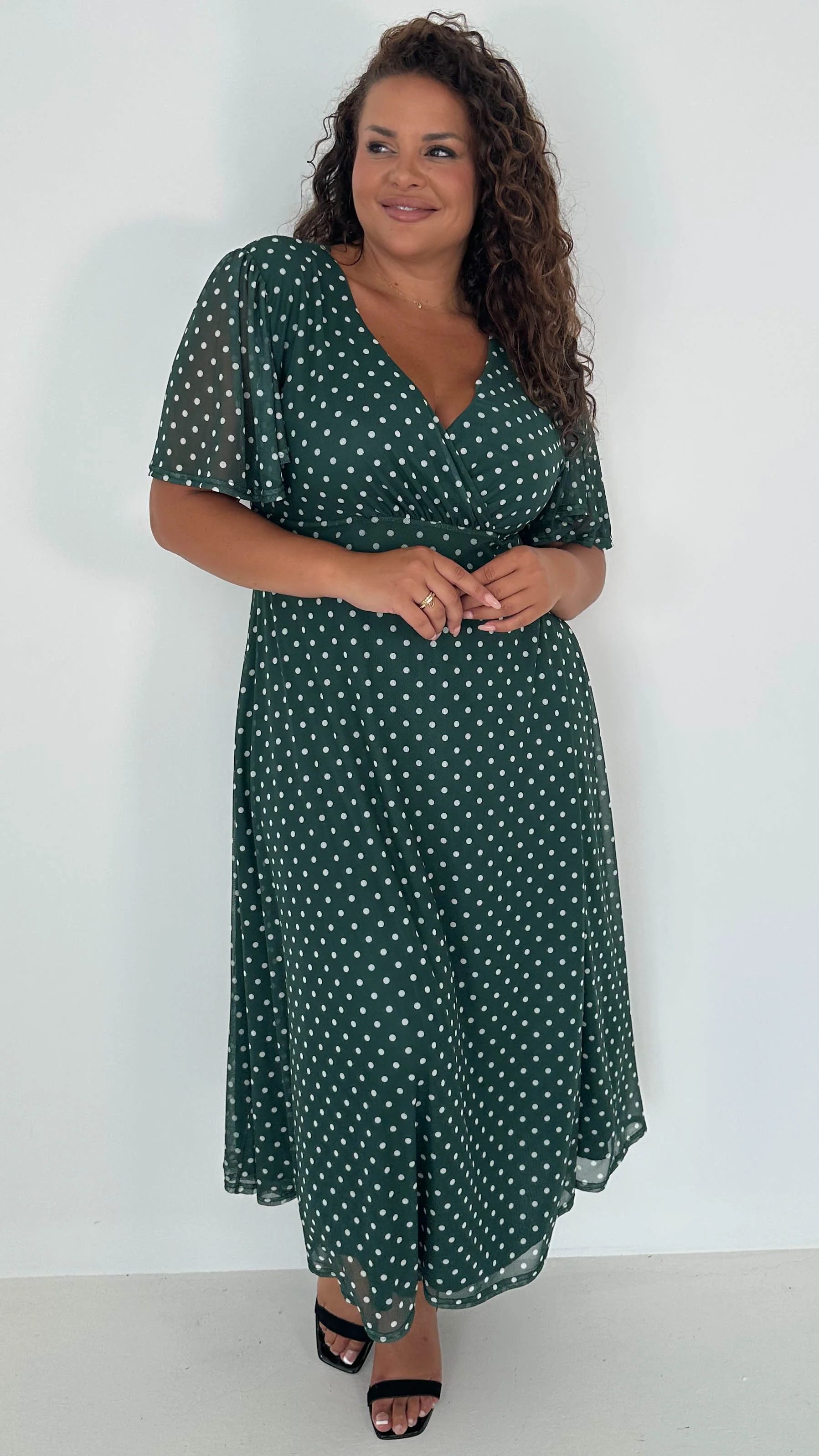 CurveWow Mesh Angel Sleeve Dress Green Spot - Image 6