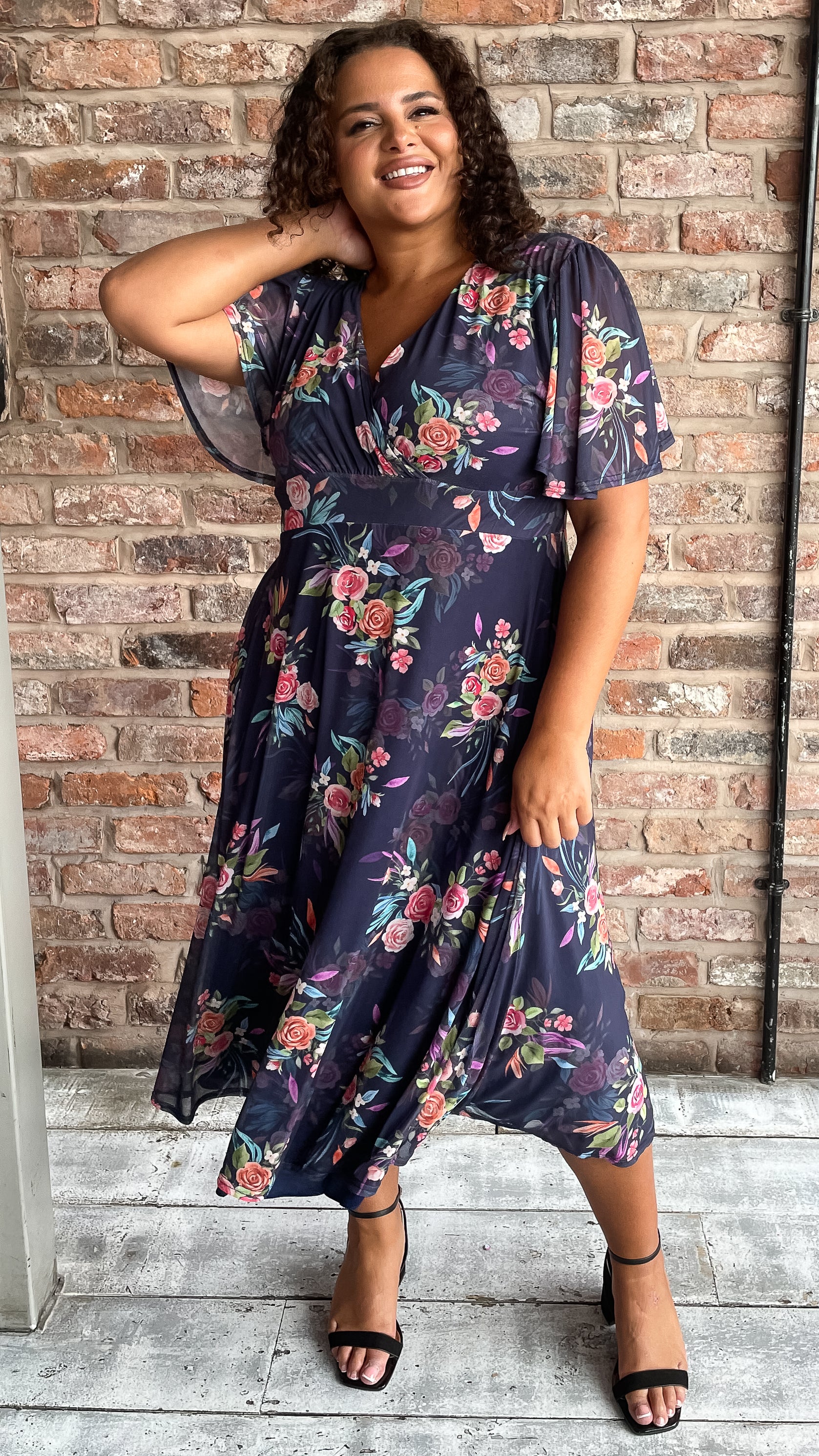 CurveWow Mesh Angel Sleeve Dress Navy Multi Floral - Image 3