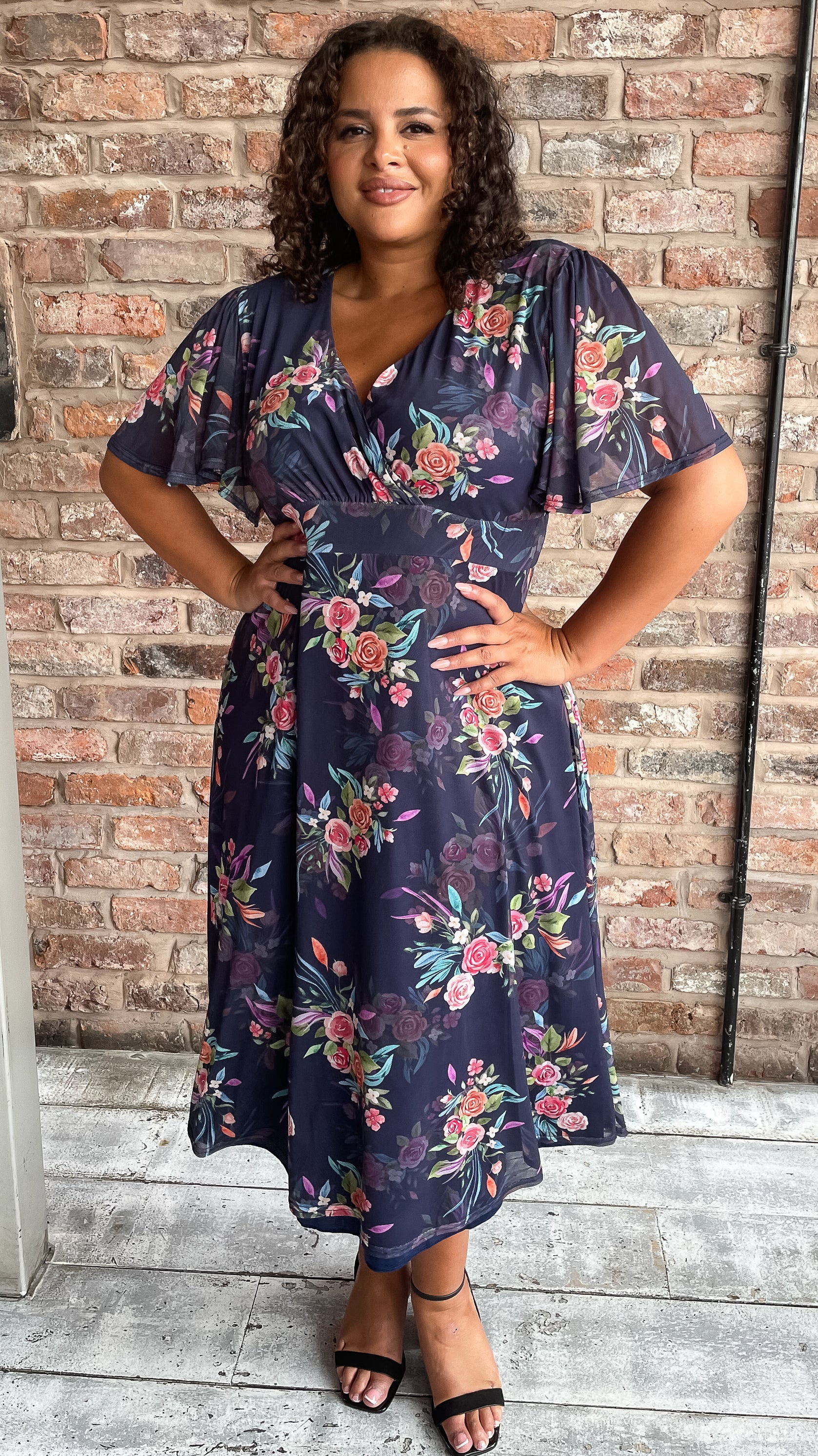 CurveWow Mesh Angel Sleeve Dress Navy Multi Floral - Image 6