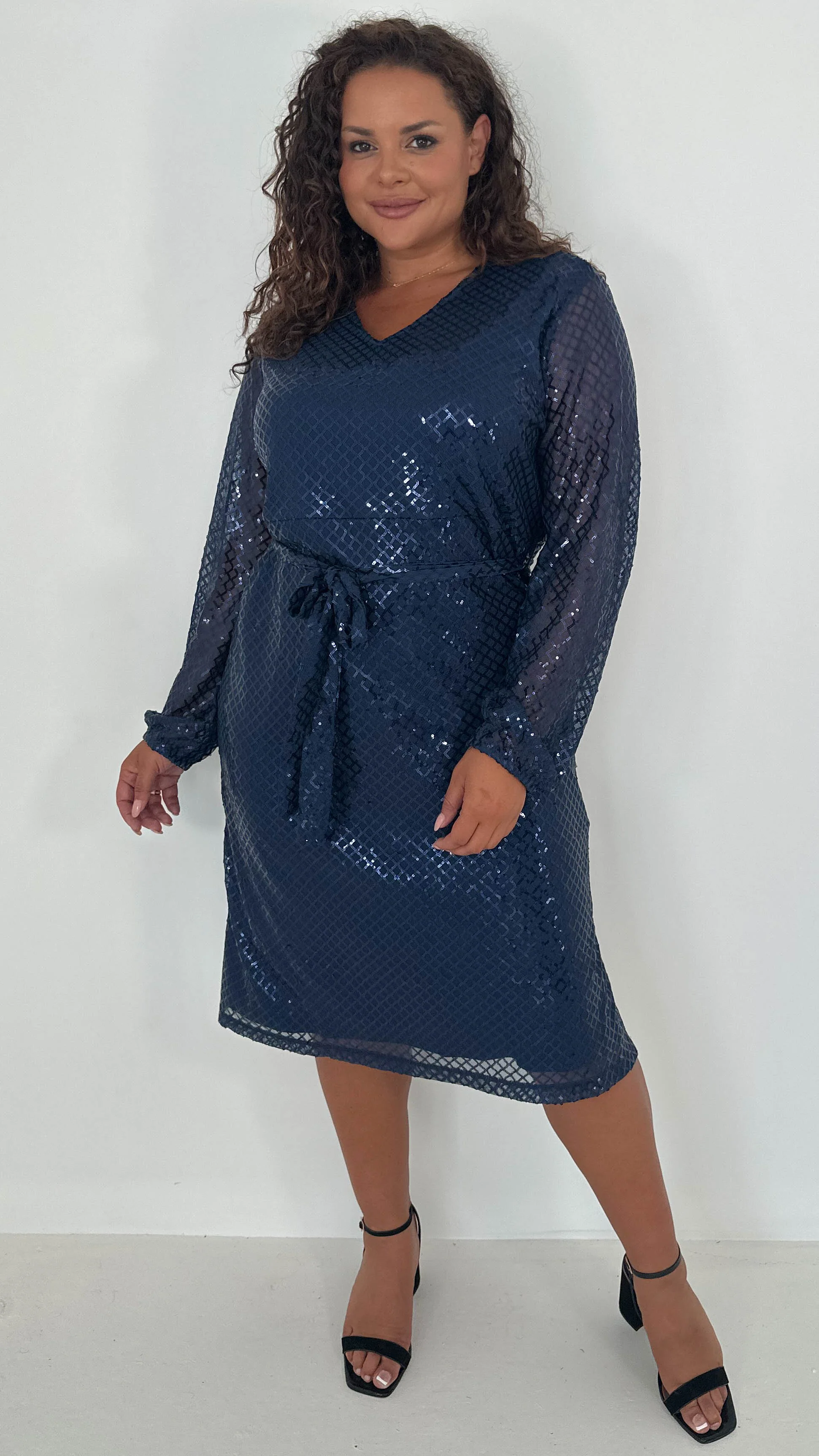 CurveWow Mid Length Cross Sequin Dress Navy - Image 3