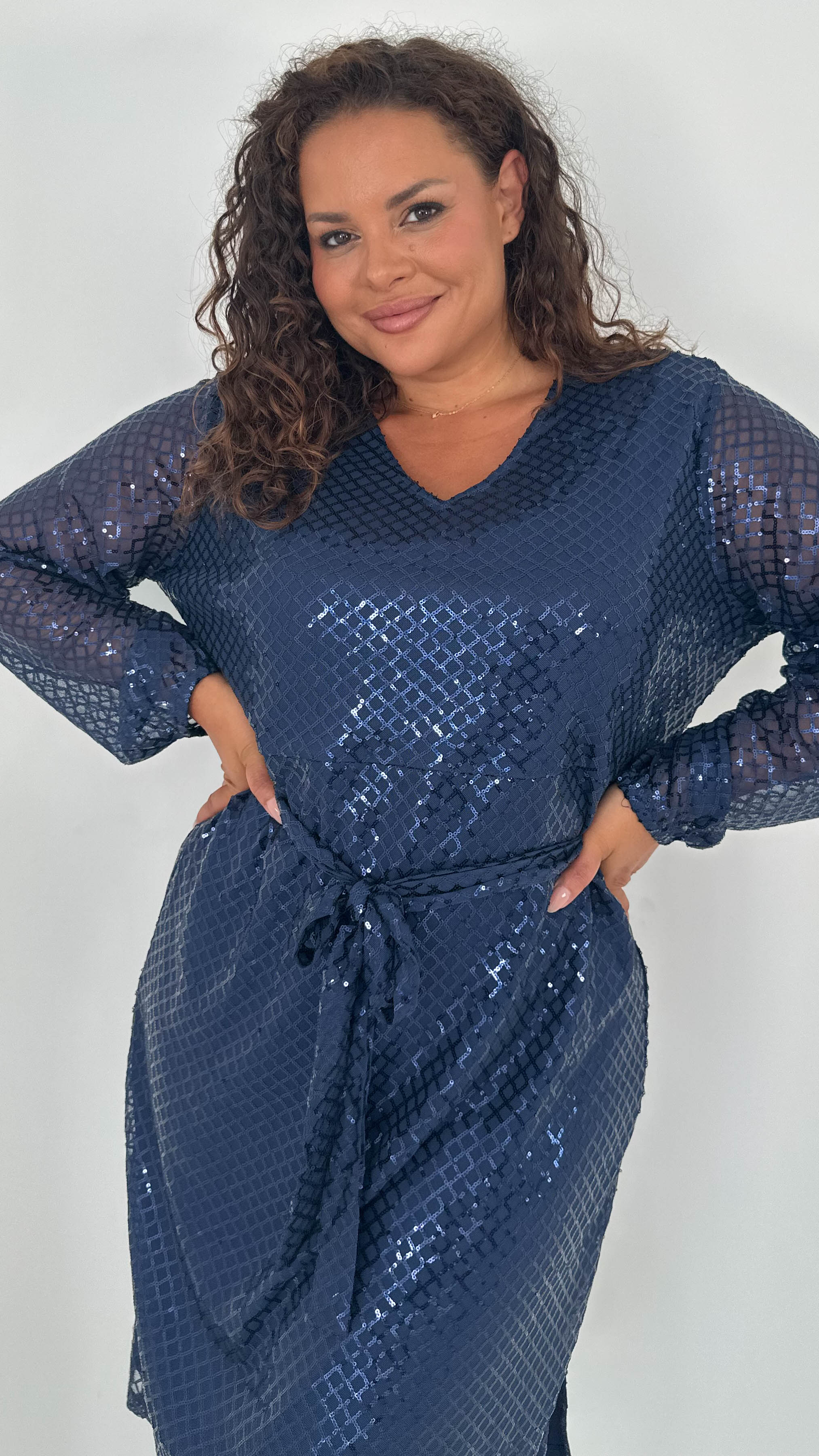 CurveWow Mid Length Cross Sequin Dress Navy - Image 4
