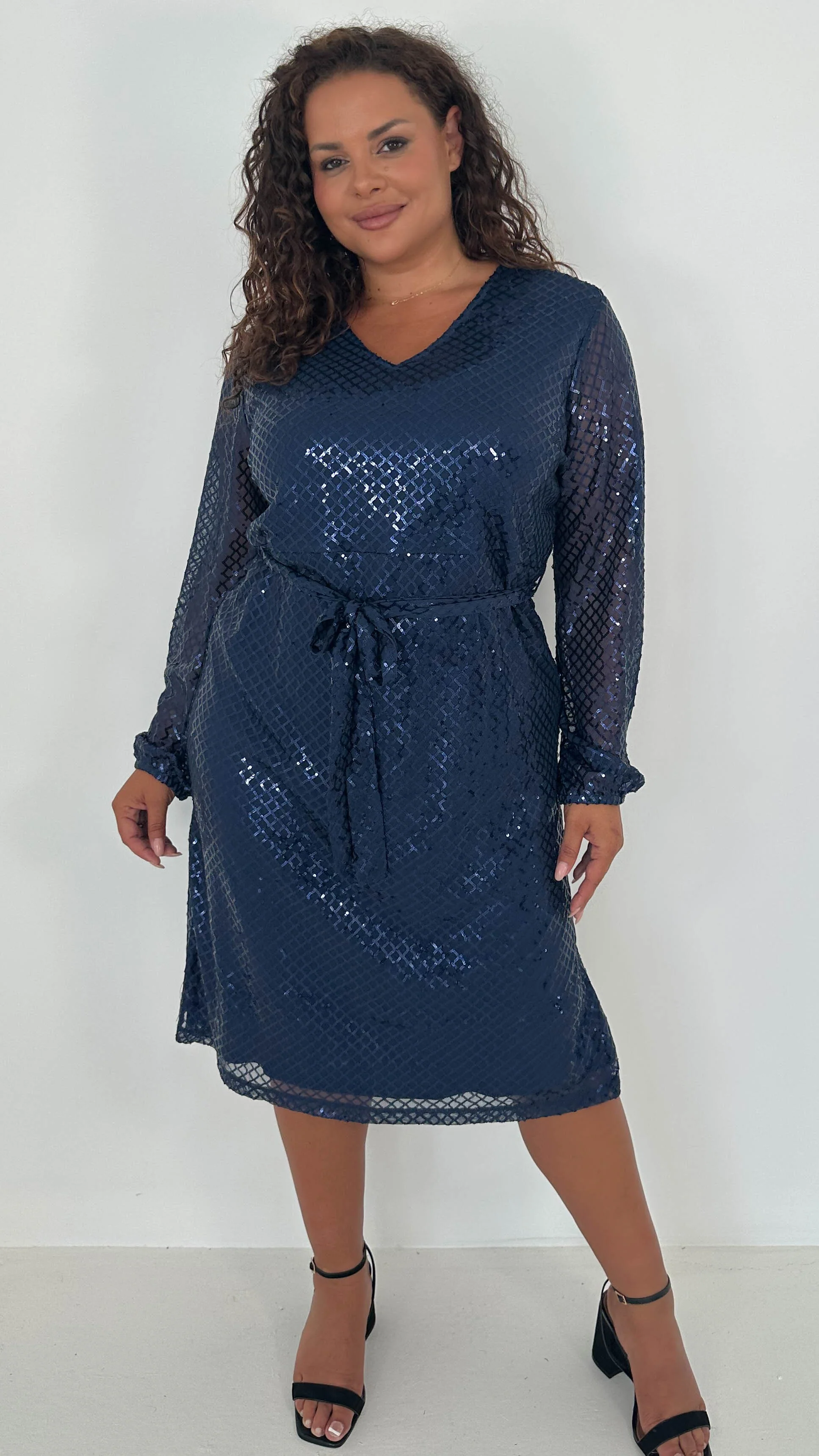 CurveWow Mid Length Cross Sequin Dress Navy - Image 7
