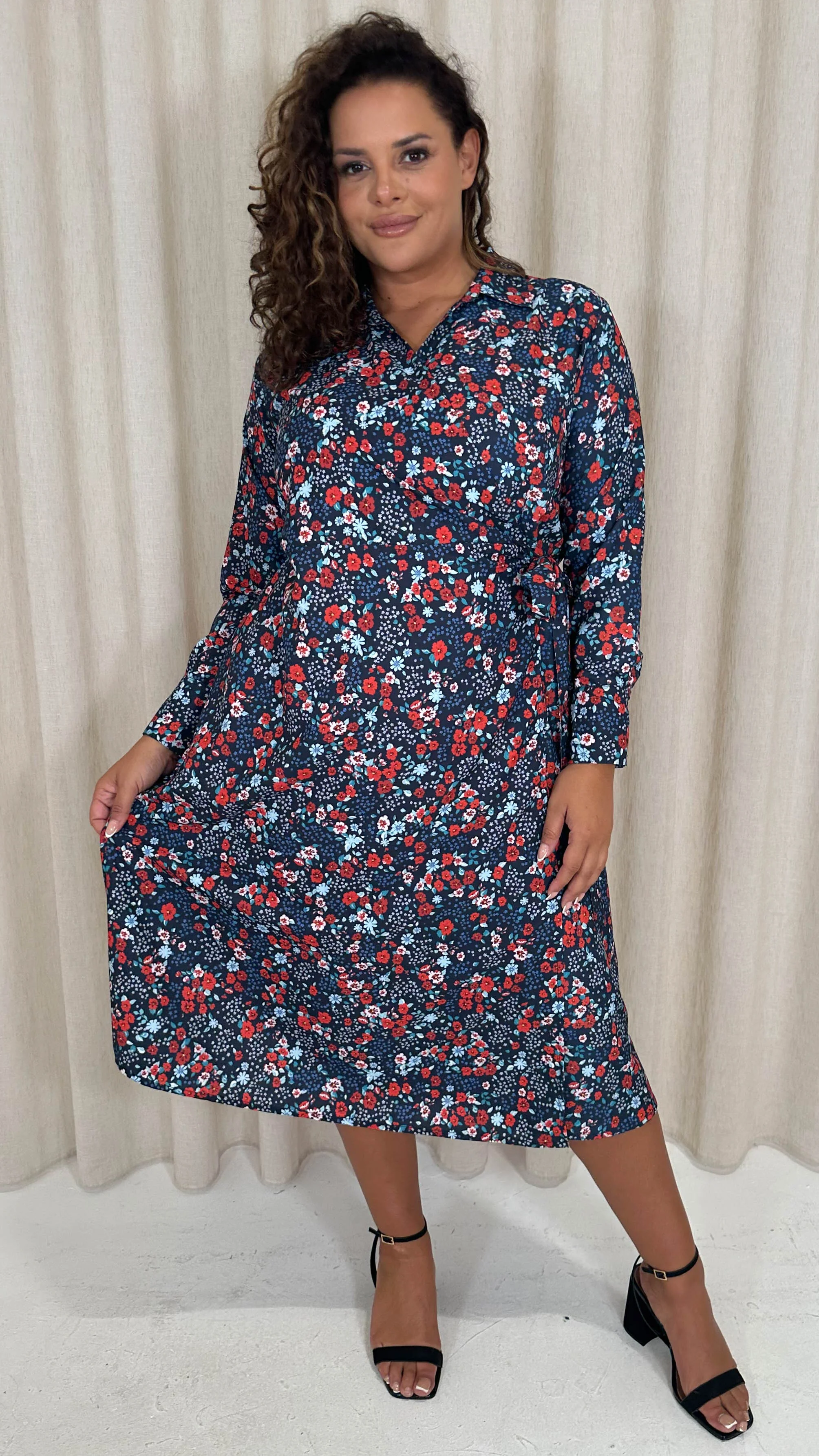 CurveWow Midi Wrap Shirt Dress Navy & Red Floral - Image 6