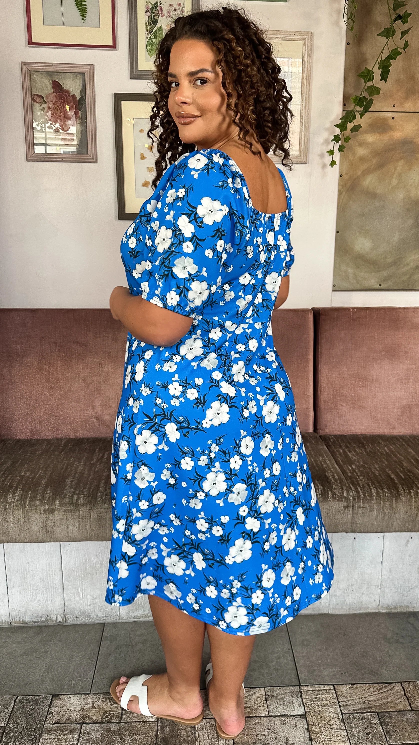 CurveWow Milkmaid Midi Dress Blue Floral - Image 8