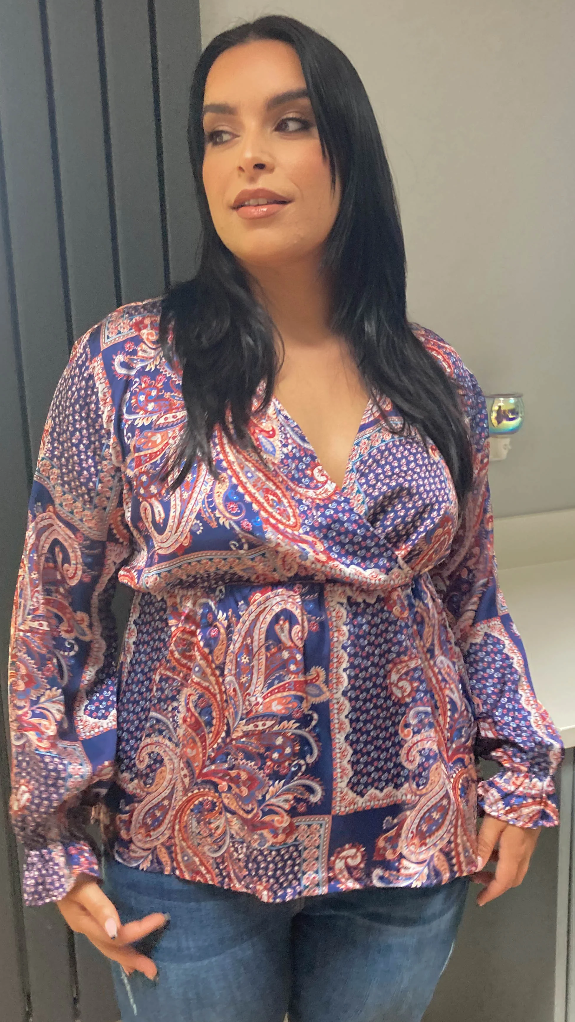 CurveWow Paisley Print Wrap Top Navy - Image 6