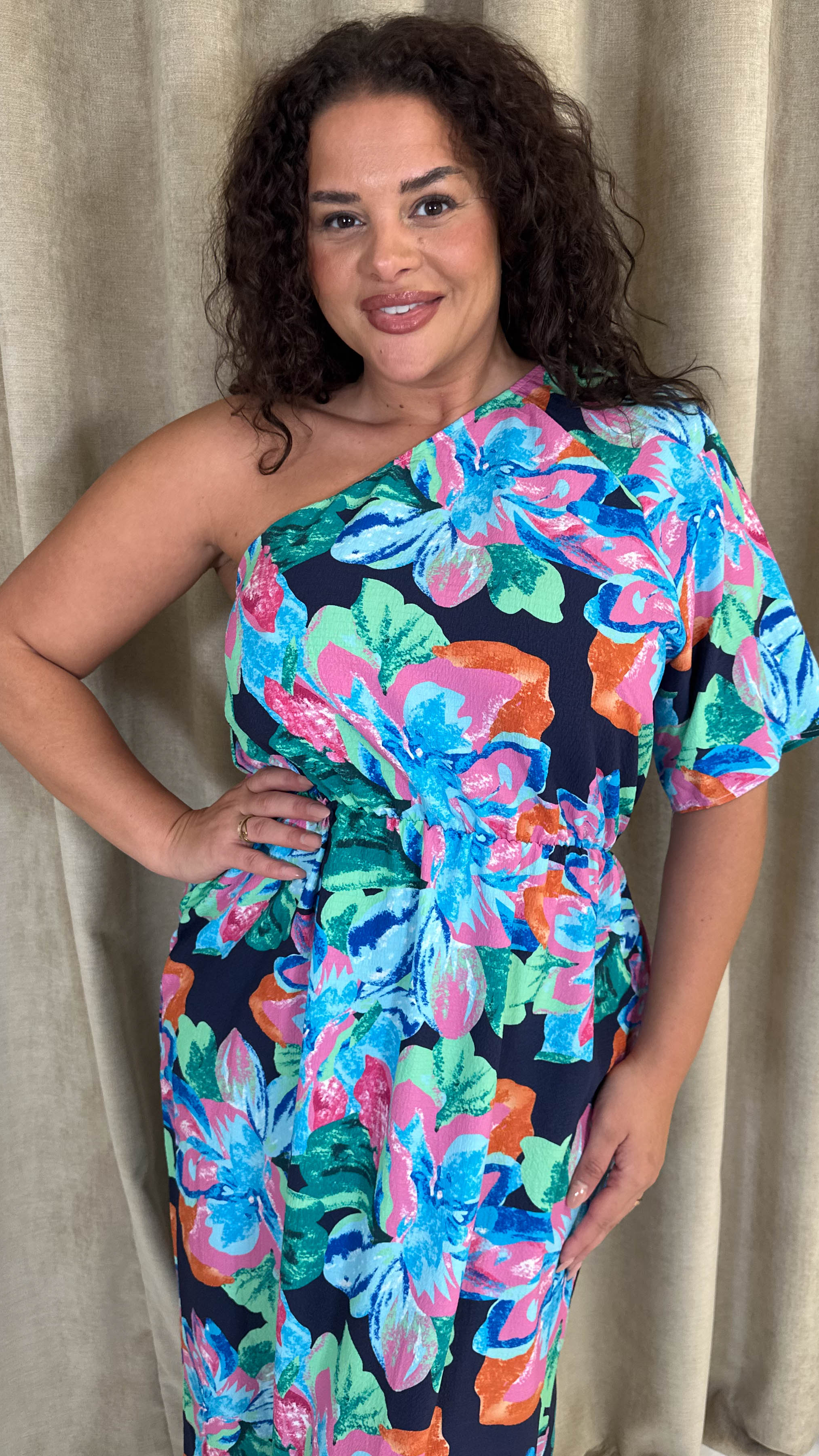 CurveWow One Shoulder Printed Maxi Dress Multi Floral - Image 2