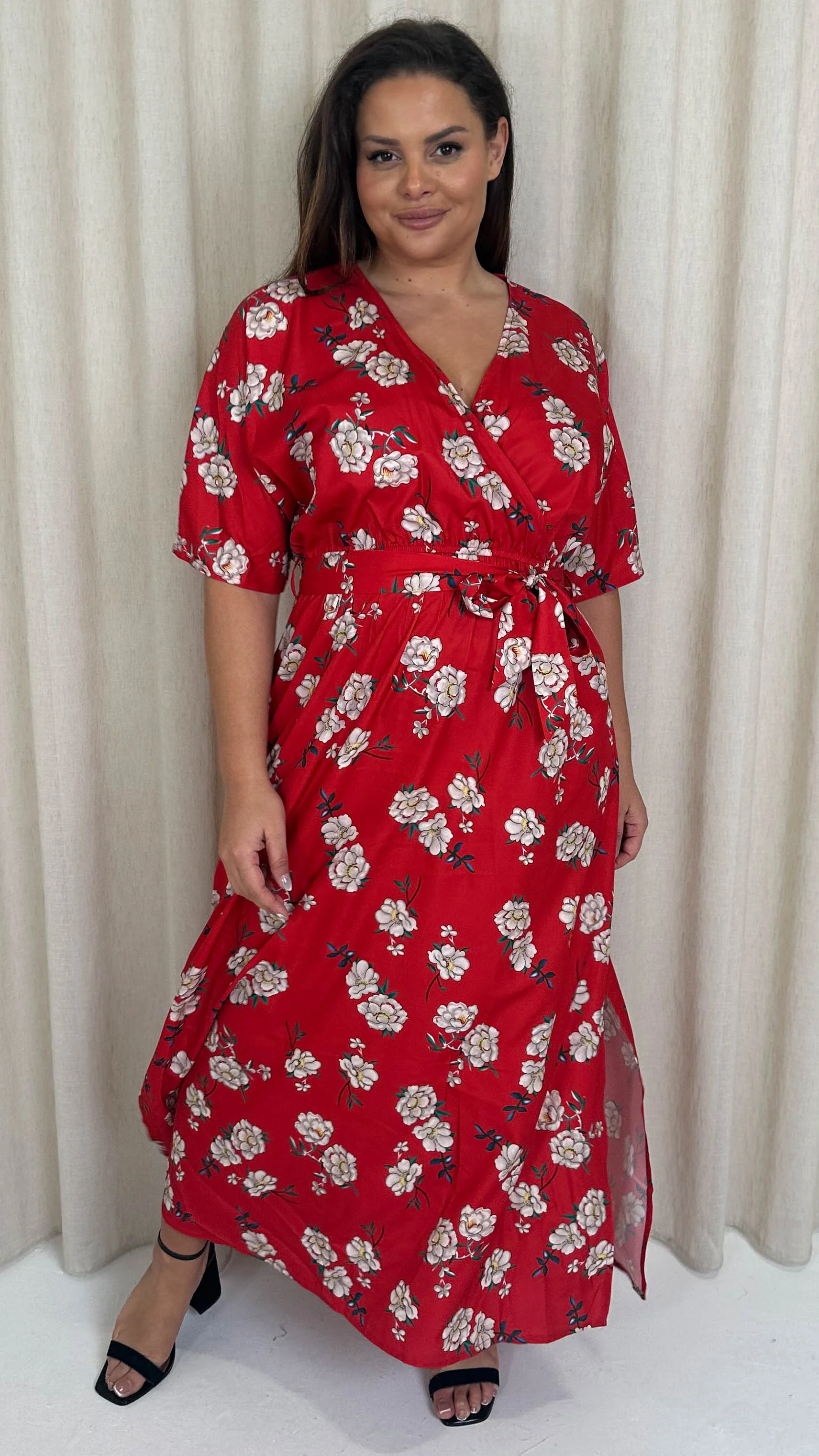 CurveWow Oriental Wrap Maxi Dress Red Floral - Image 3