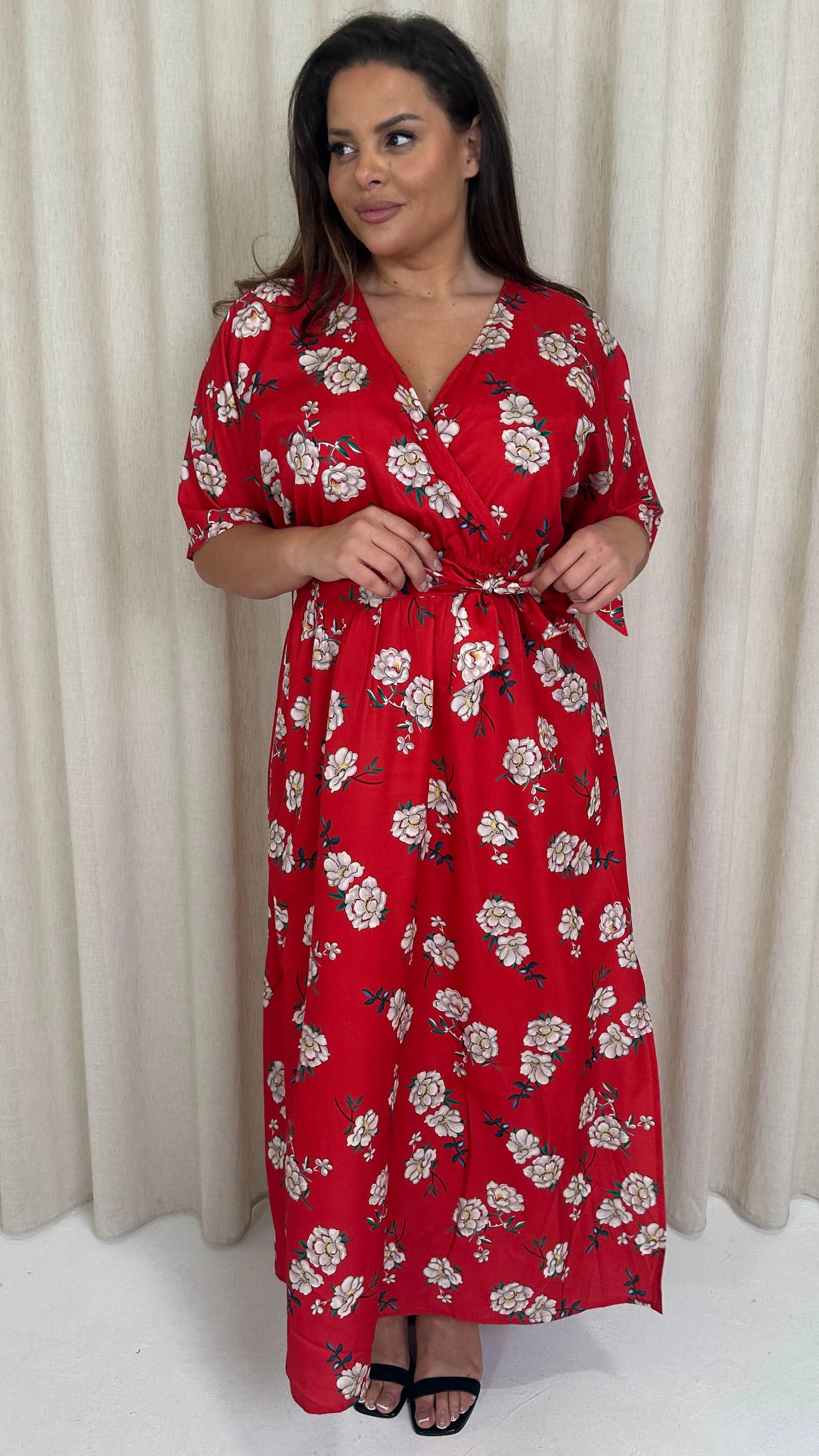 CurveWow Oriental Wrap Maxi Dress Red Floral - Image 4