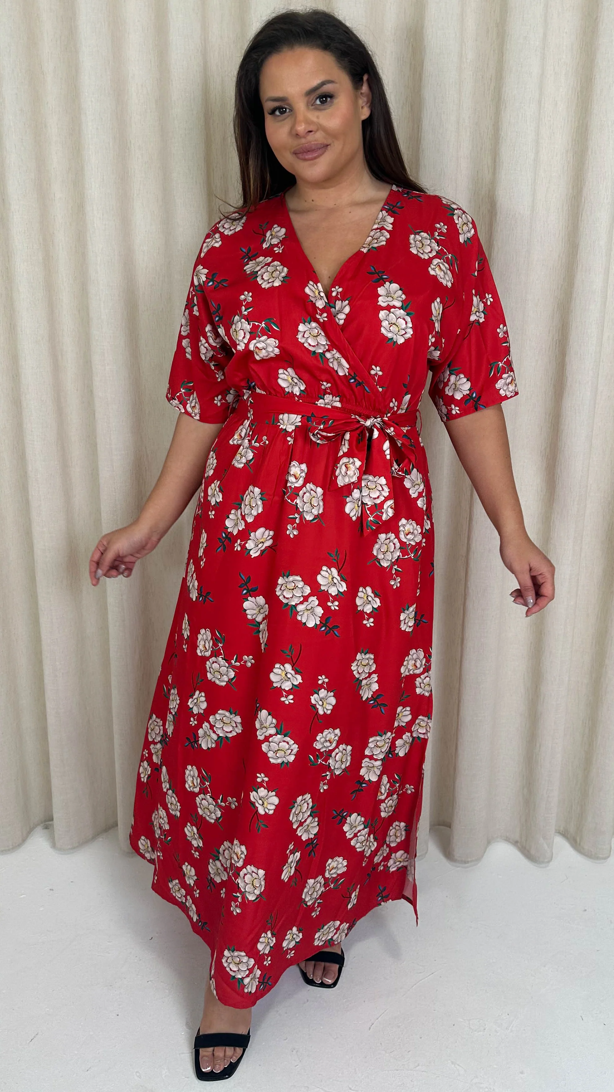 CurveWow Oriental Wrap Maxi Dress Red Floral - Image 6