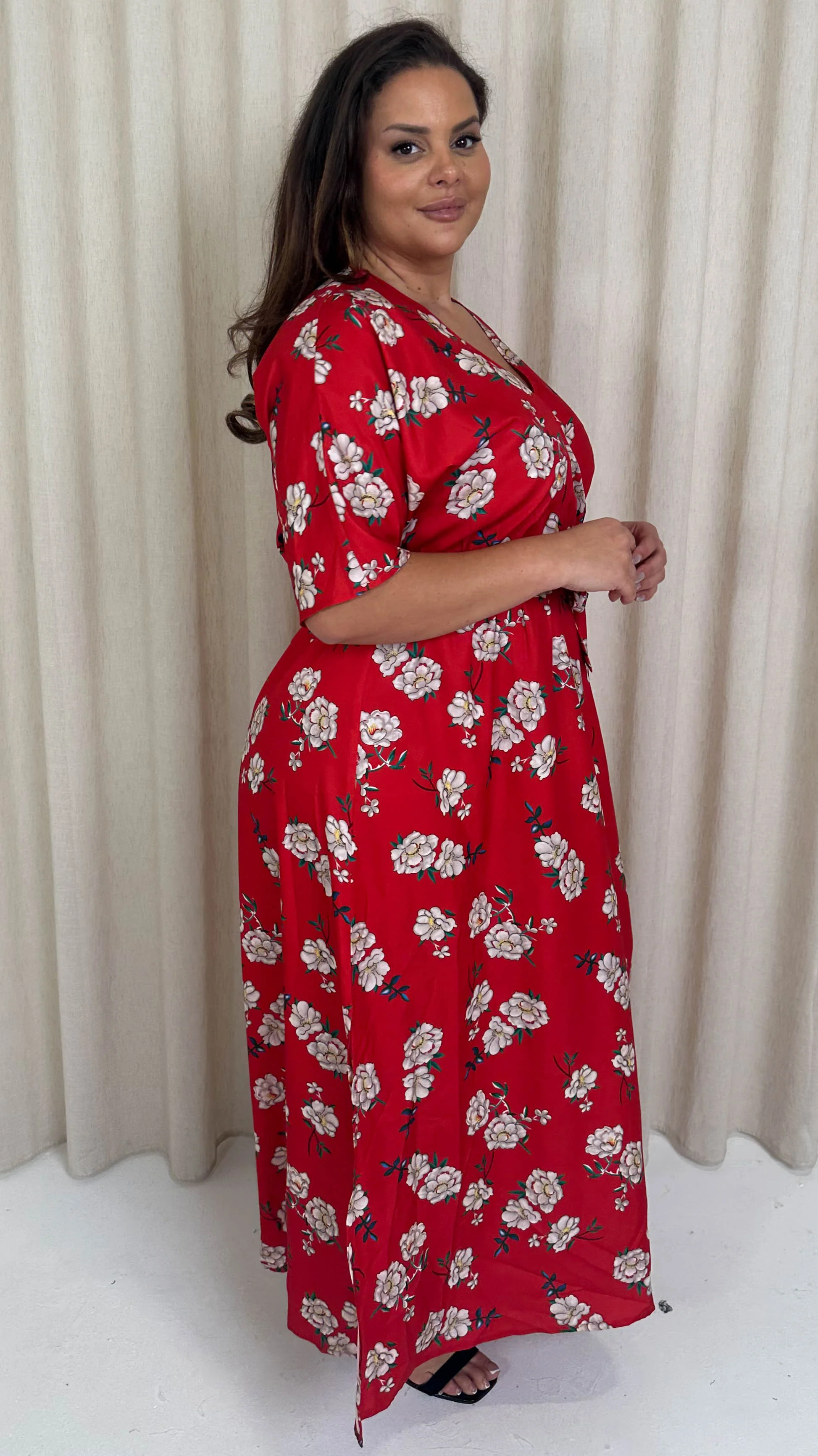 CurveWow Oriental Wrap Maxi Dress Red Floral - Image 7