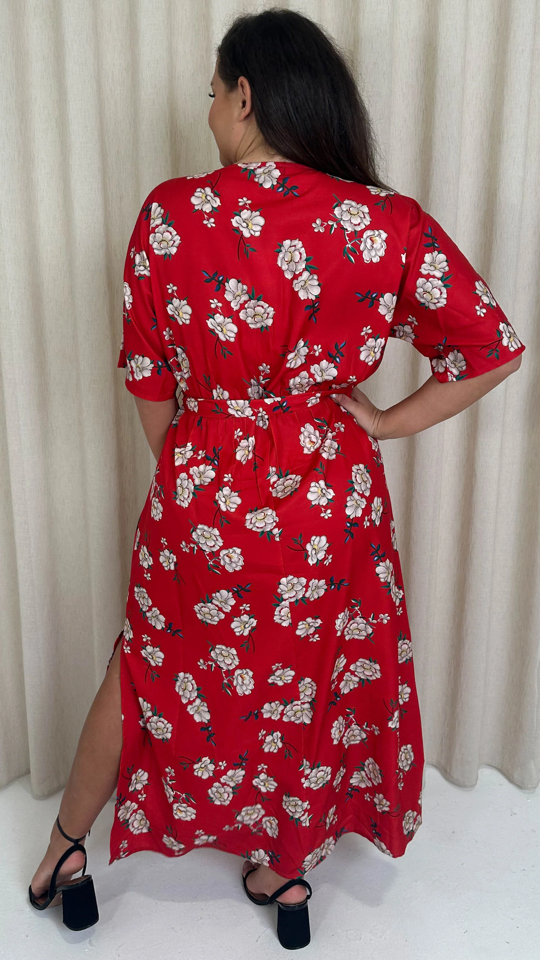 CurveWow Oriental Wrap Maxi Dress Red Floral - Image 8