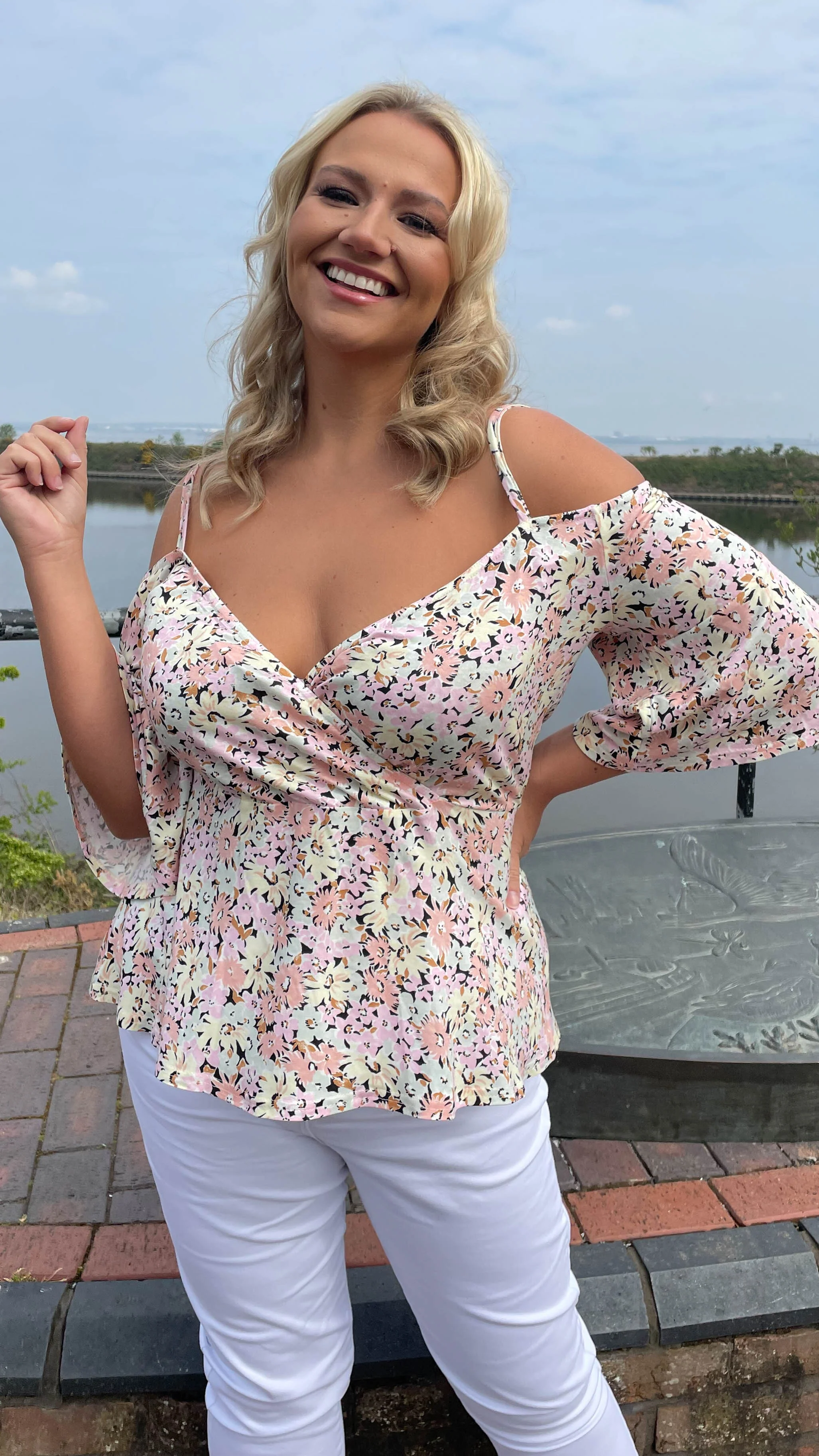 CurveWow Pastel Floral Cold Shoulder Wrap Tunic - Image 3