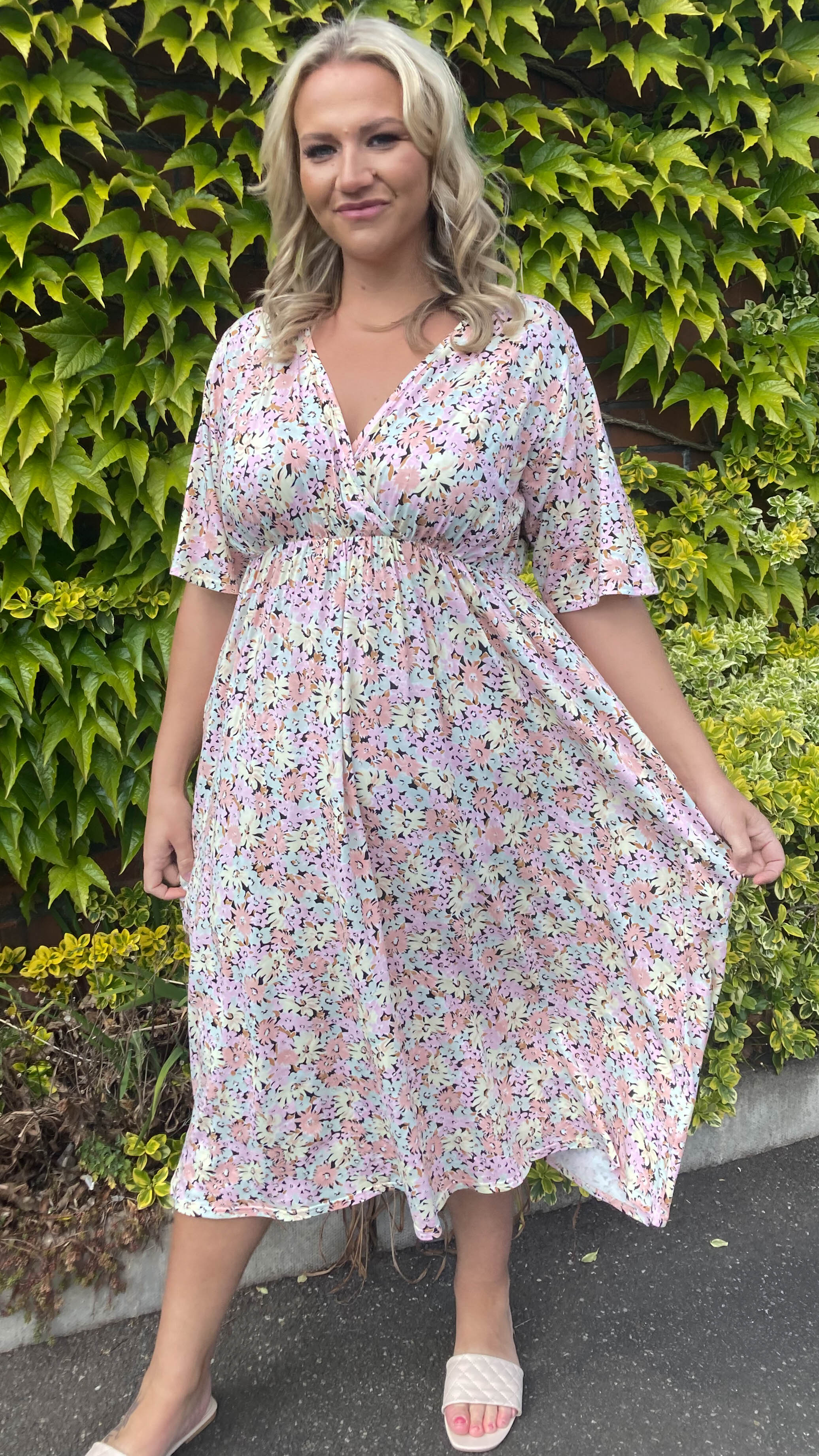 CurveWow Pastel Floral Wrap Midi Dress - Image 3
