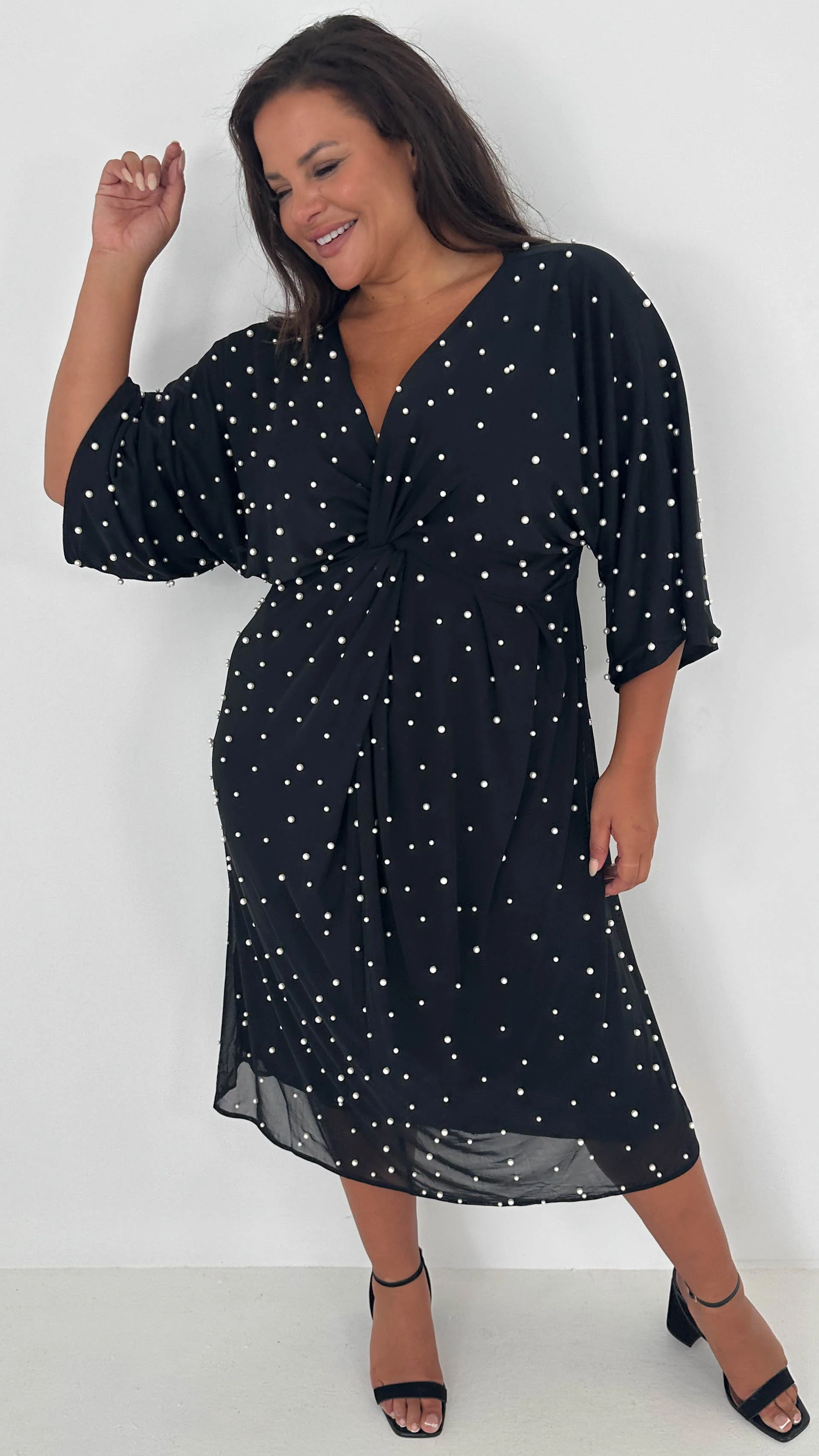 CurveWow Pearl Embellished Knot Front Dress Black - Image 7