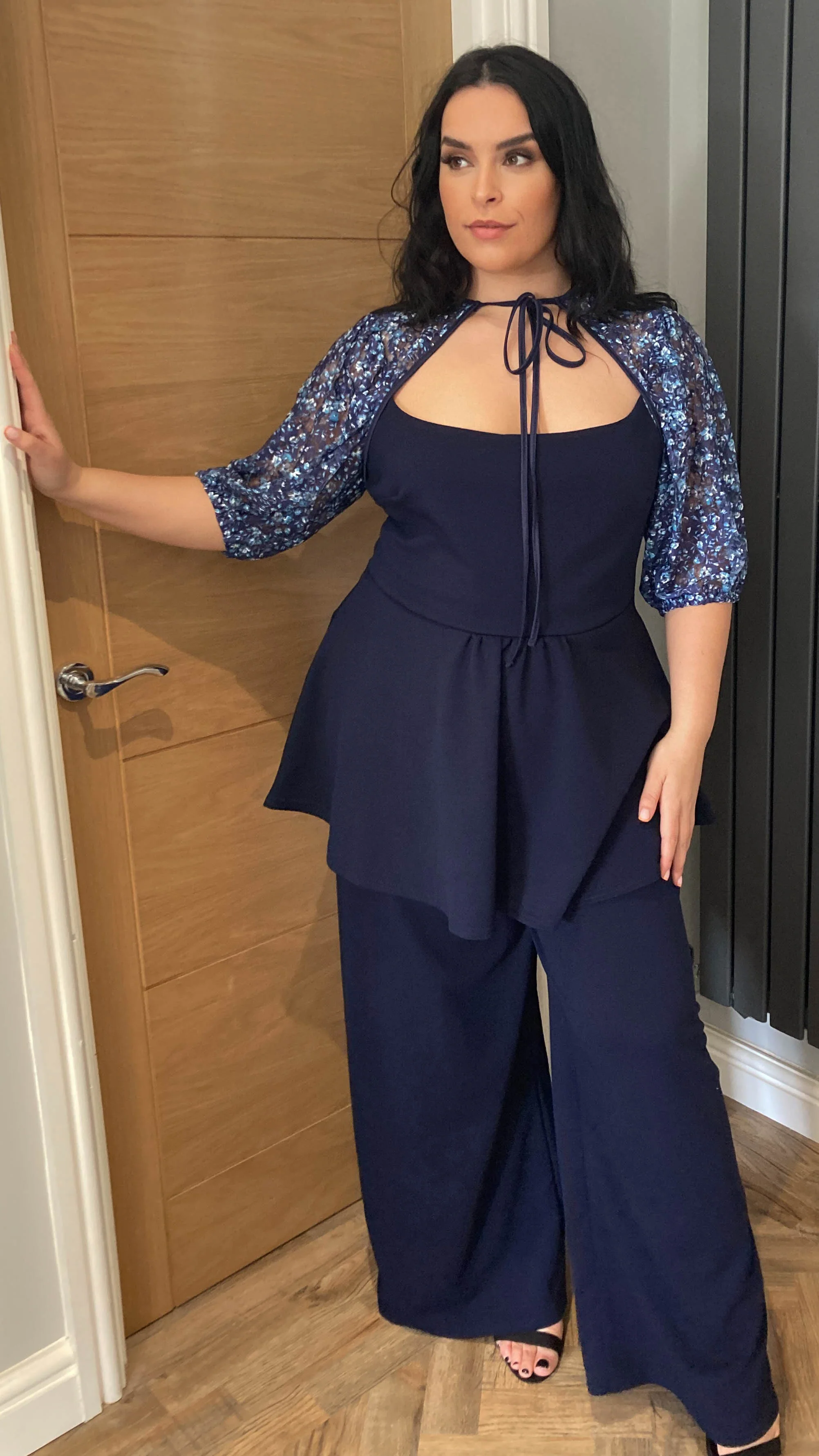 CurveWow Peplum Top With Mesh Sleeves Navy - Image 5