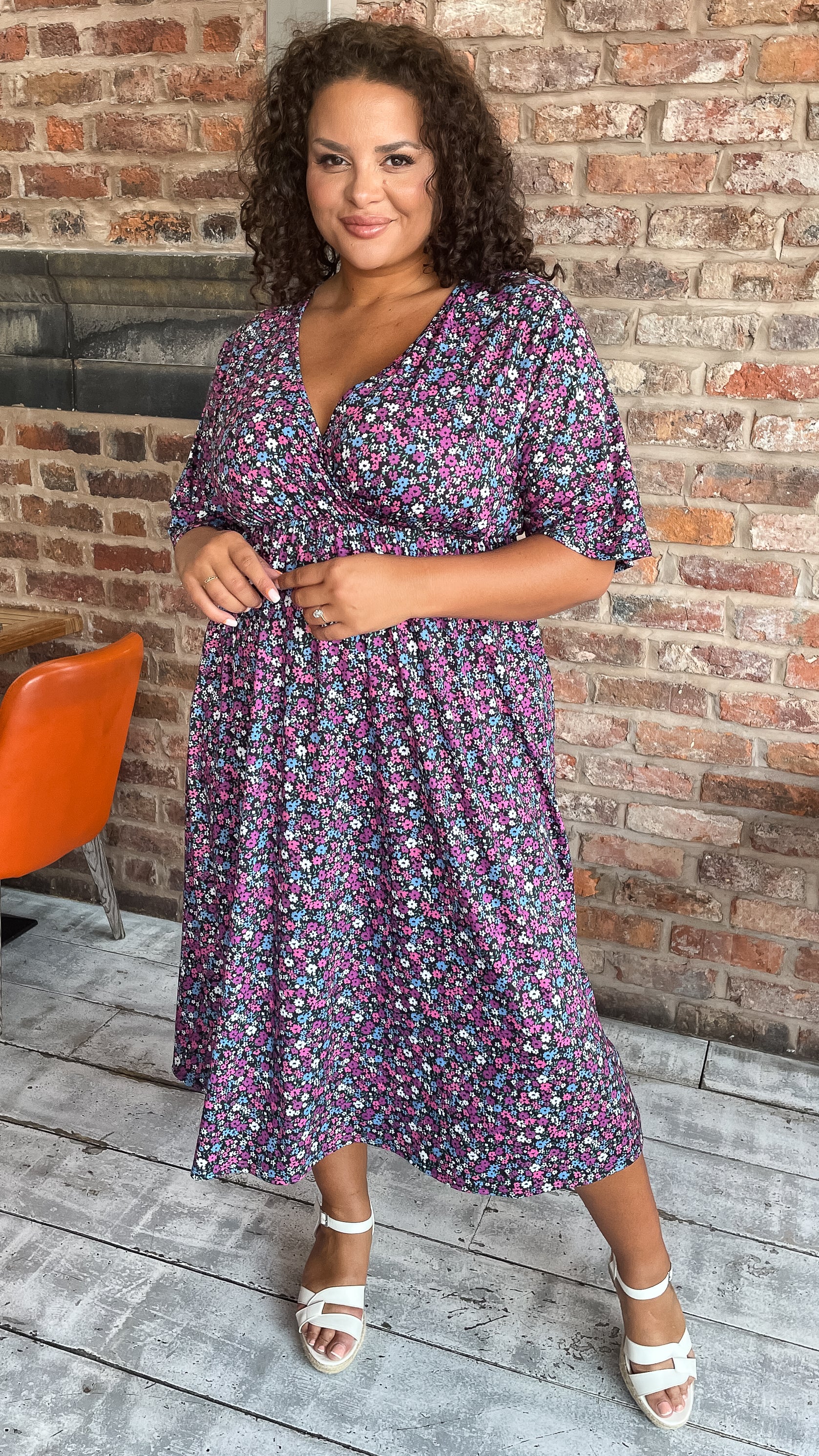 CurveWow Petite Wrap Midi Dress Black Multi Floral - Image 2
