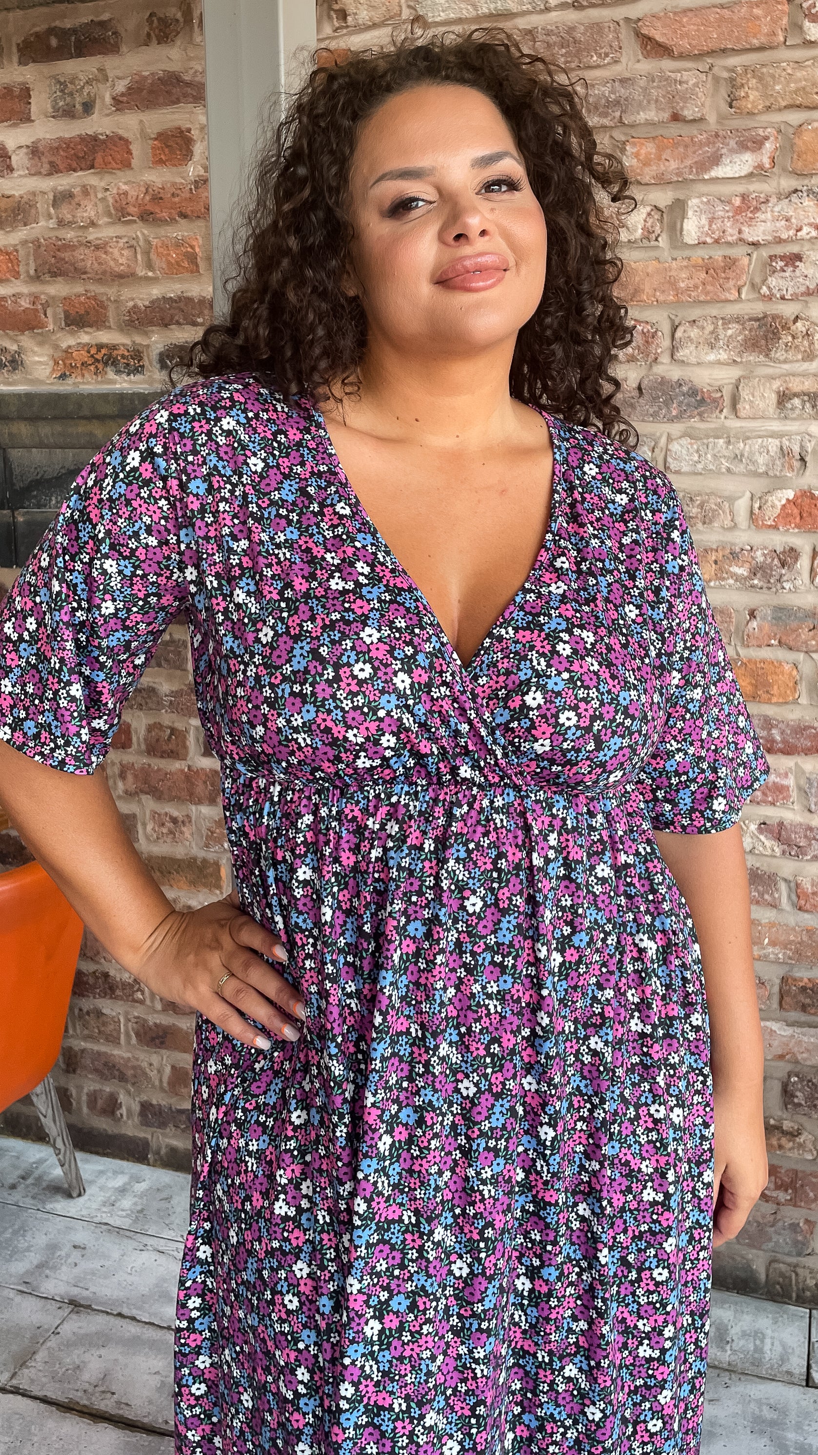 CurveWow Petite Wrap Midi Dress Black Multi Floral - Image 3