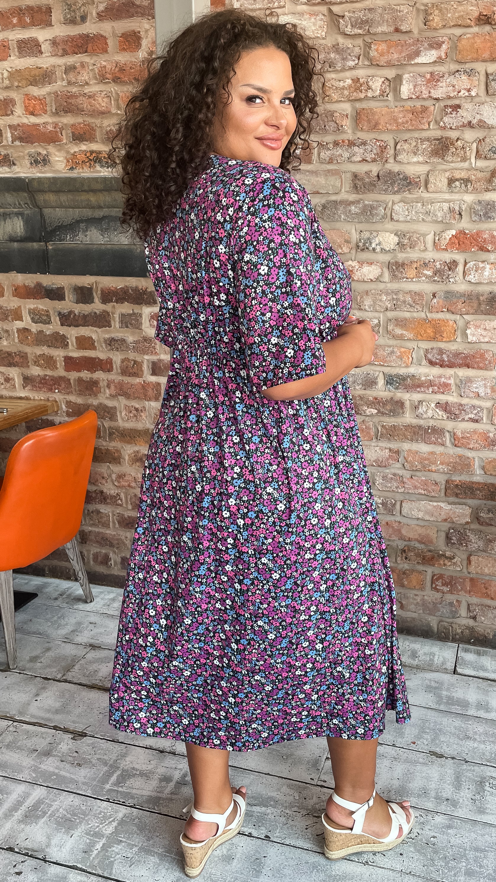 CurveWow Petite Wrap Midi Dress Black Multi Floral - Image 4