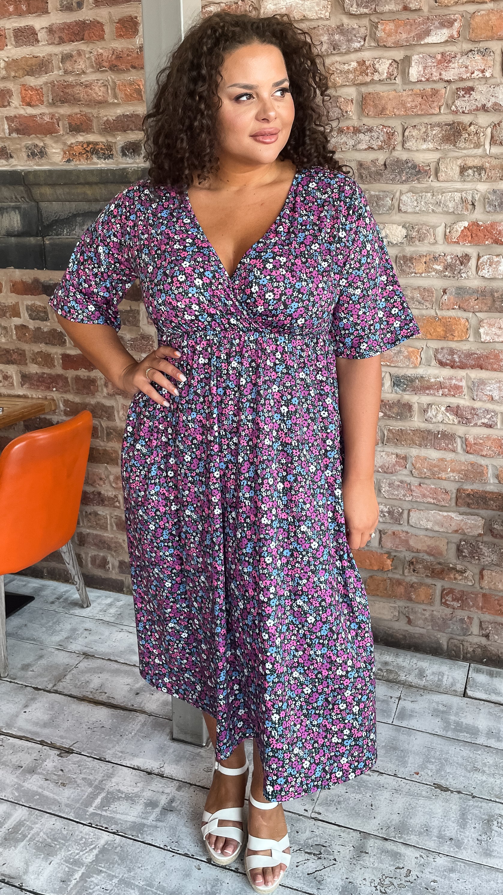 CurveWow Petite Wrap Midi Dress Black Multi Floral - Image 5