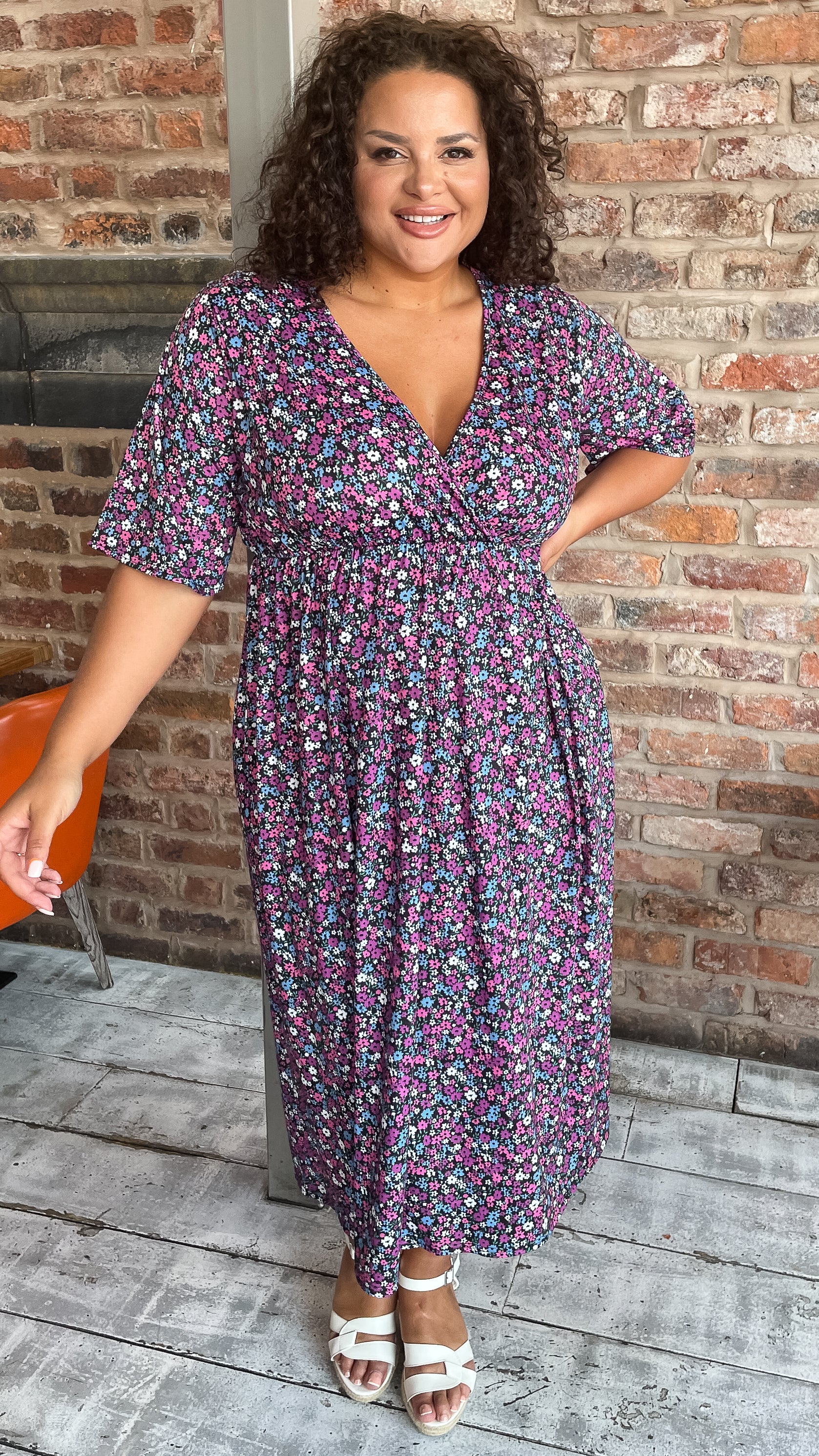CurveWow Petite Wrap Midi Dress Black Multi Floral - Image 6