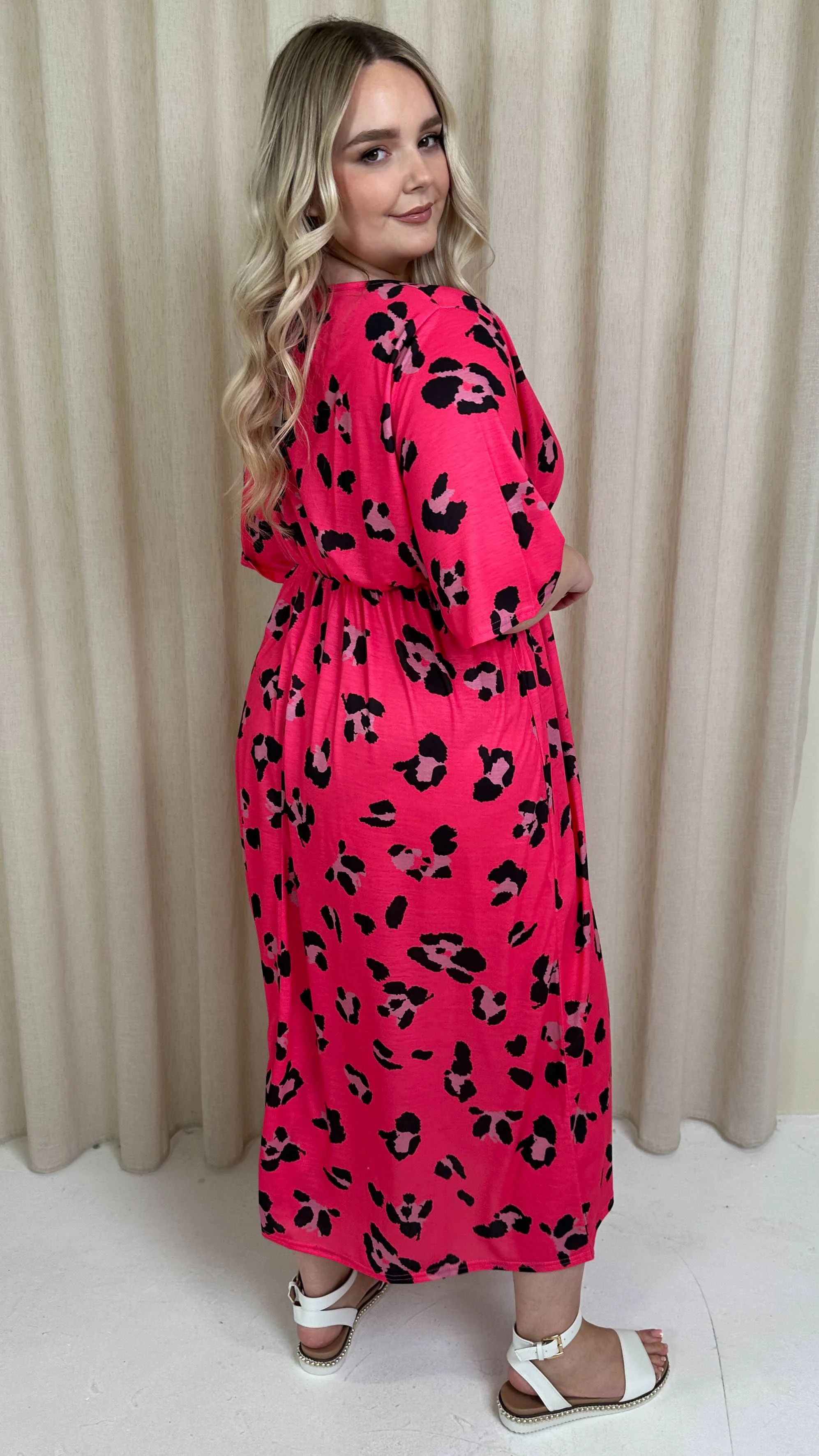 CurveWow Petite Wrap Midi Dress Bright Pink Leopard - Image 10
